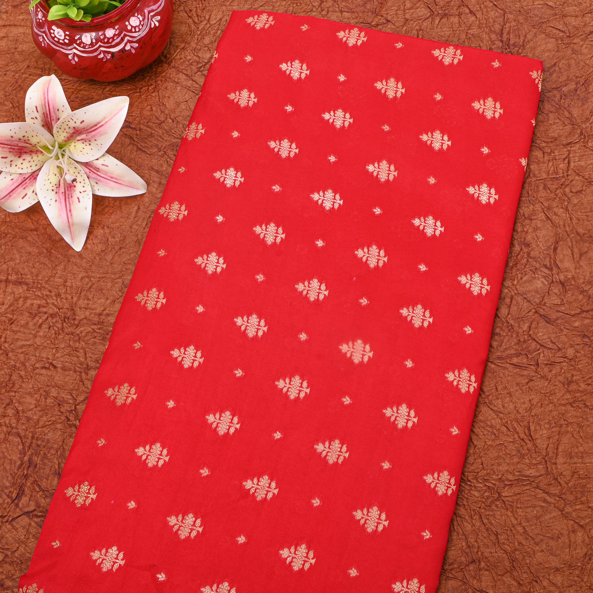 Chilli Red Gold Zari Butti Jamawar Silk Fabric