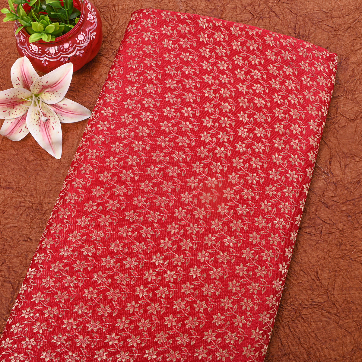 Red Banarasi Silk Floral Motif Fabric