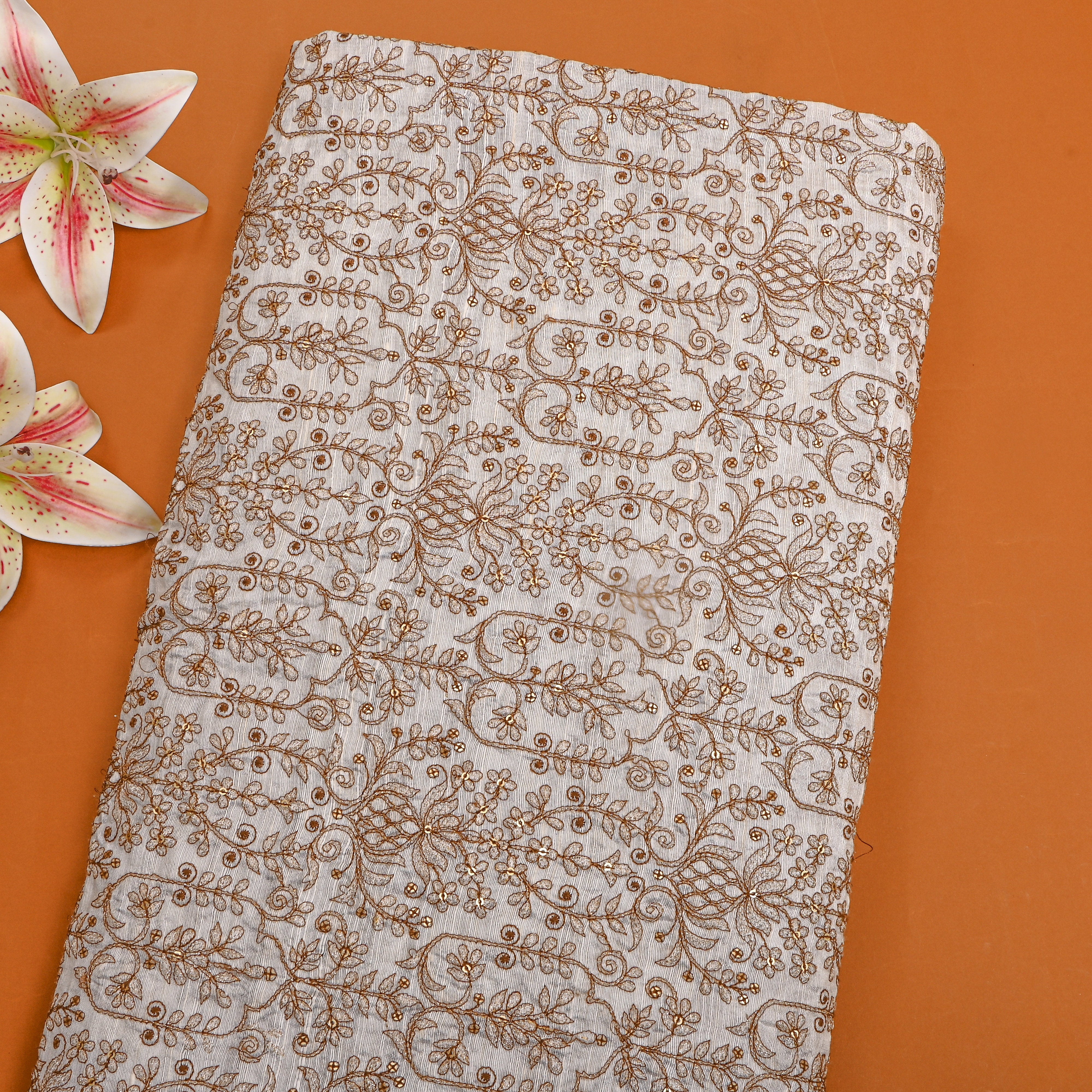 White Silver Zari Gemometric Embroidery Raw Silk Fabric