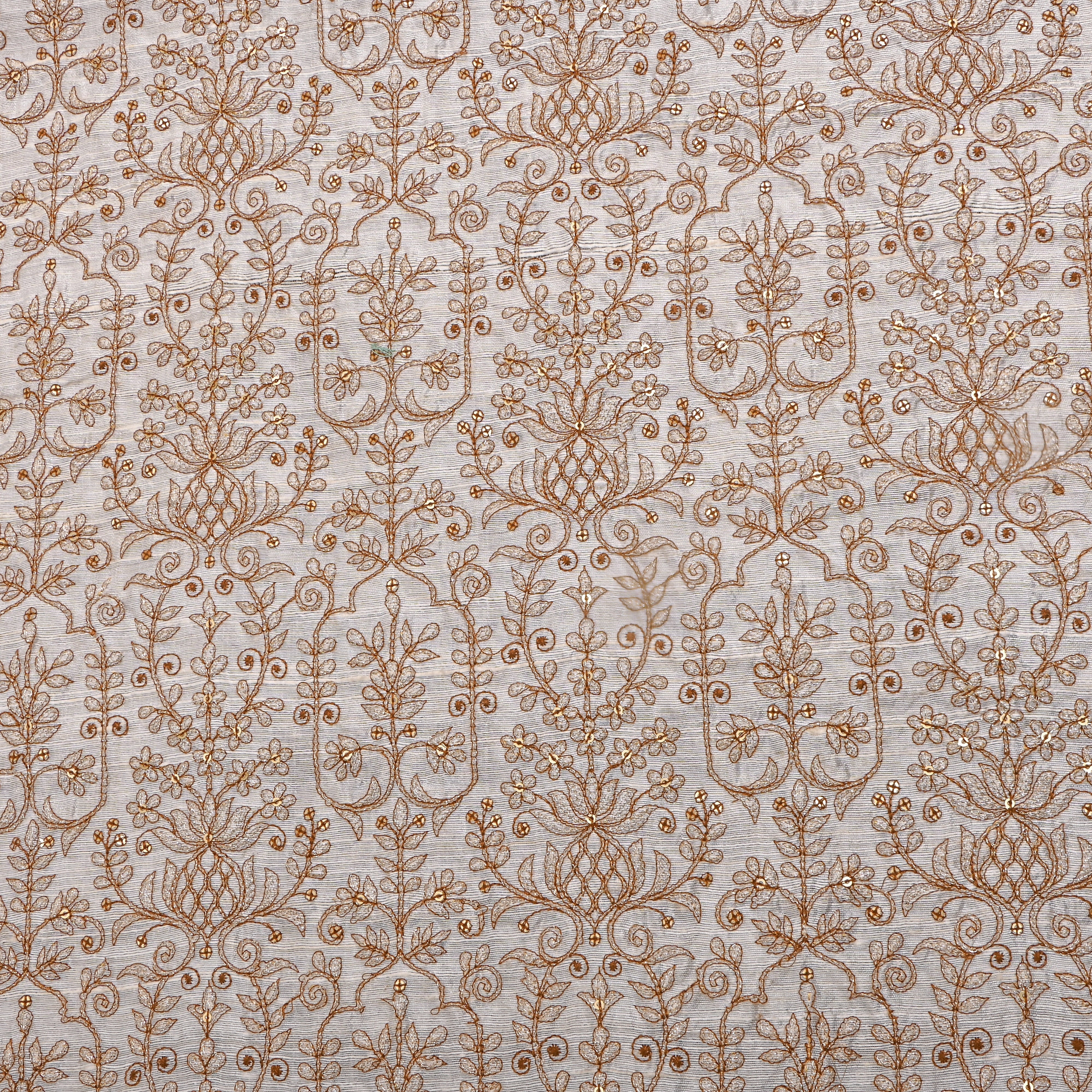 White Silver Zari Gemometric Embroidery Raw Silk Fabric