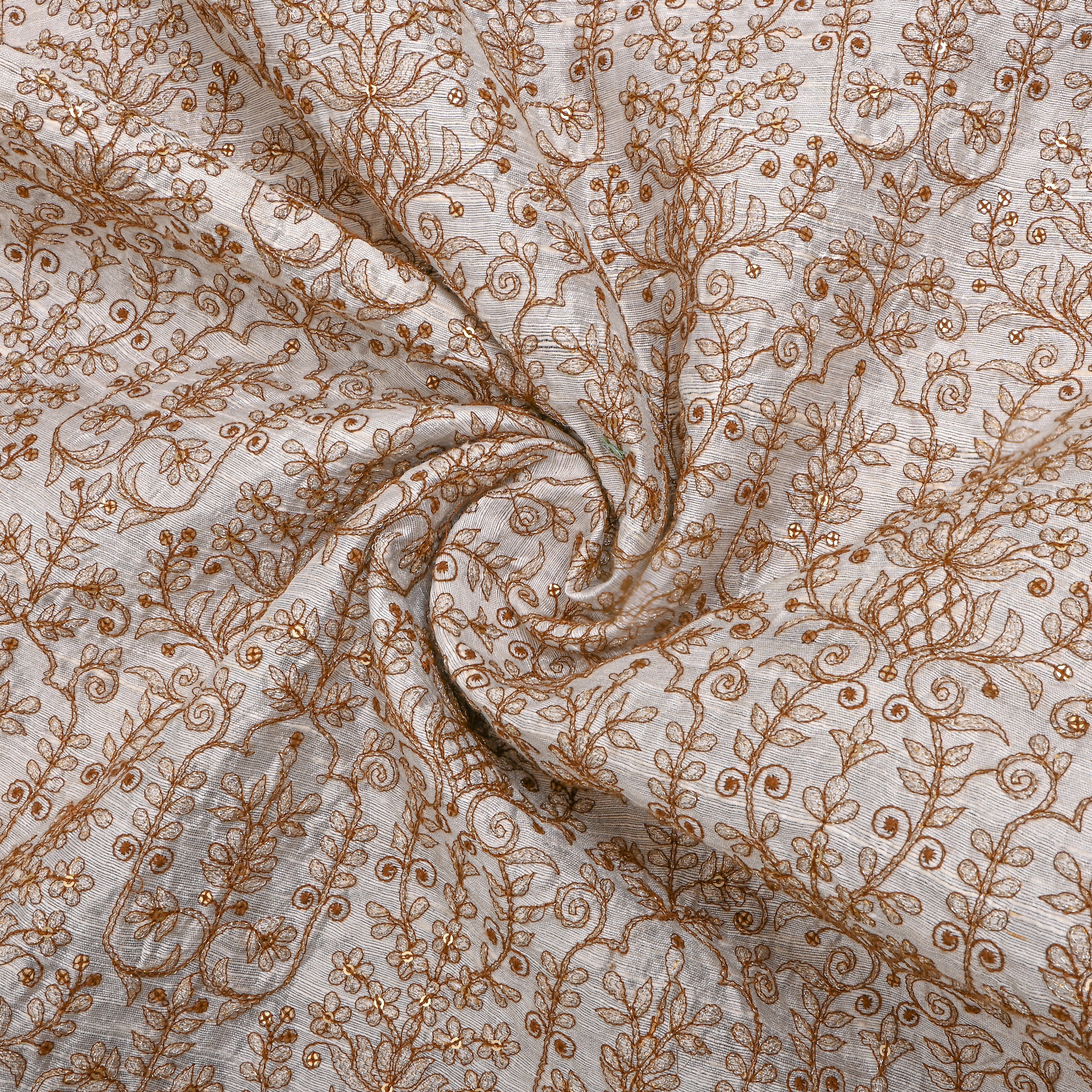 White Silver Zari Gemometric Embroidery Raw Silk Fabric