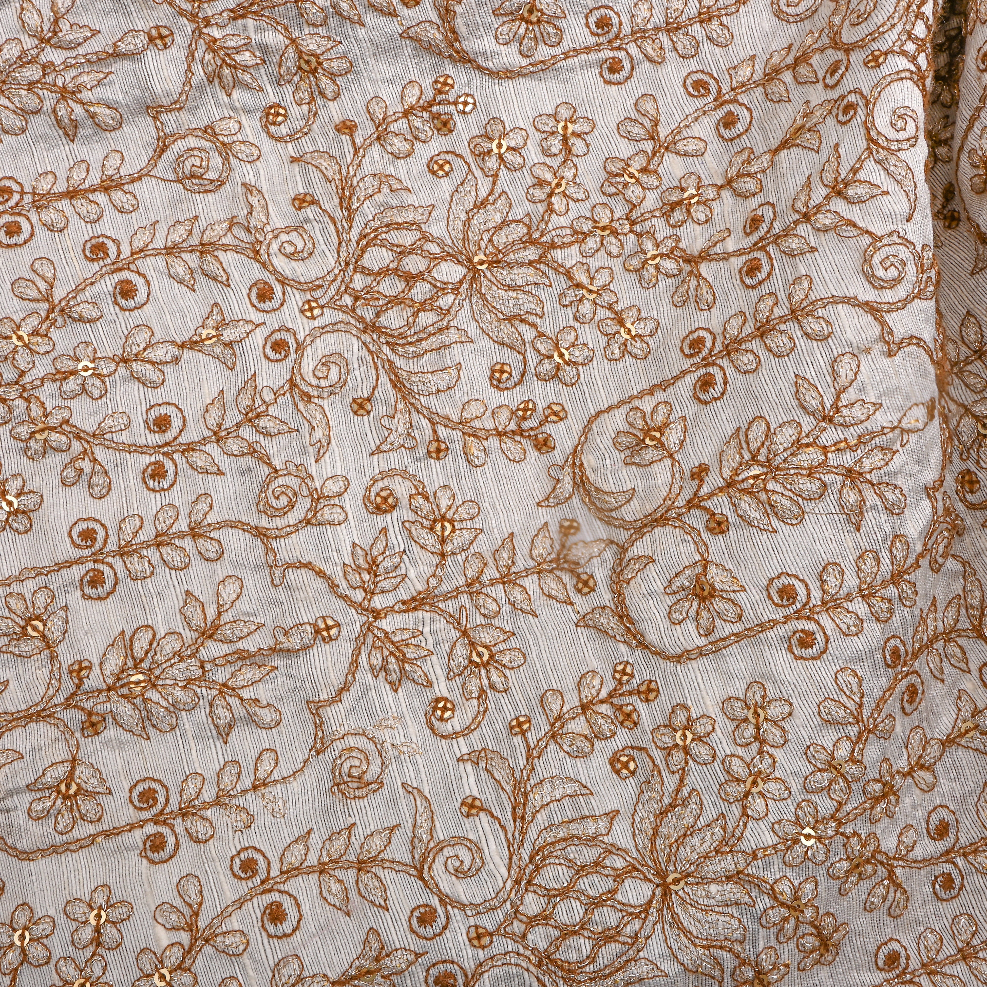 White Silver Zari Gemometric Embroidery Raw Silk Fabric