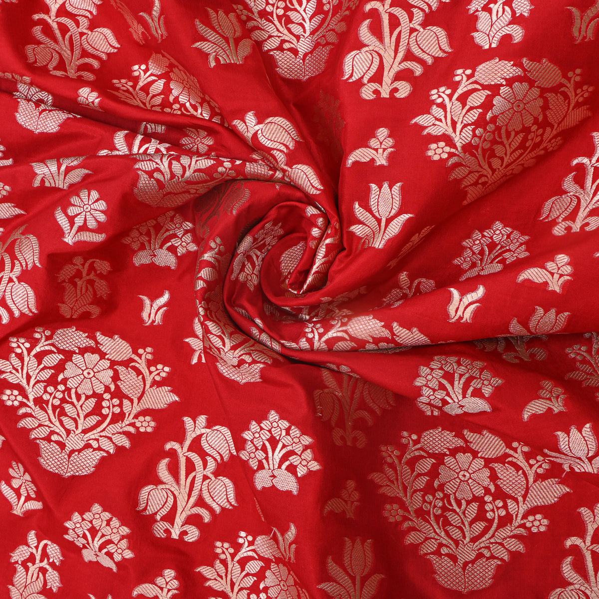 Bright Orange Gold Zari Floral Bouquet Jamawar Silk Fabric