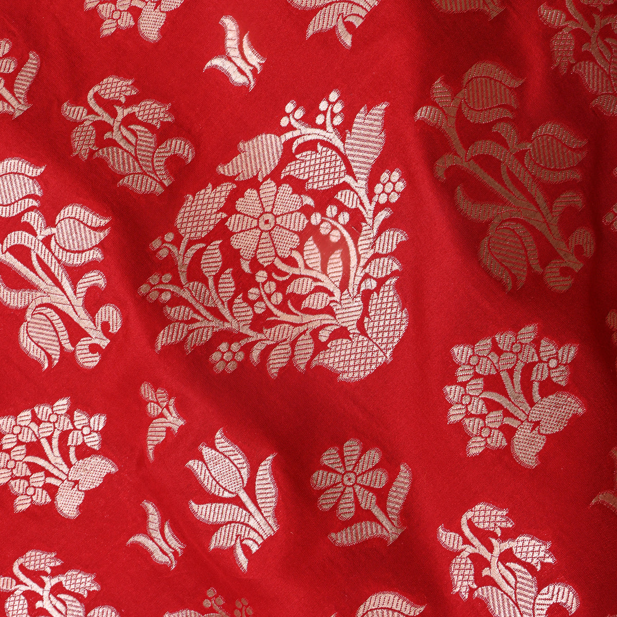 Bright Orange Gold Zari Floral Bouquet Jamawar Silk Fabric