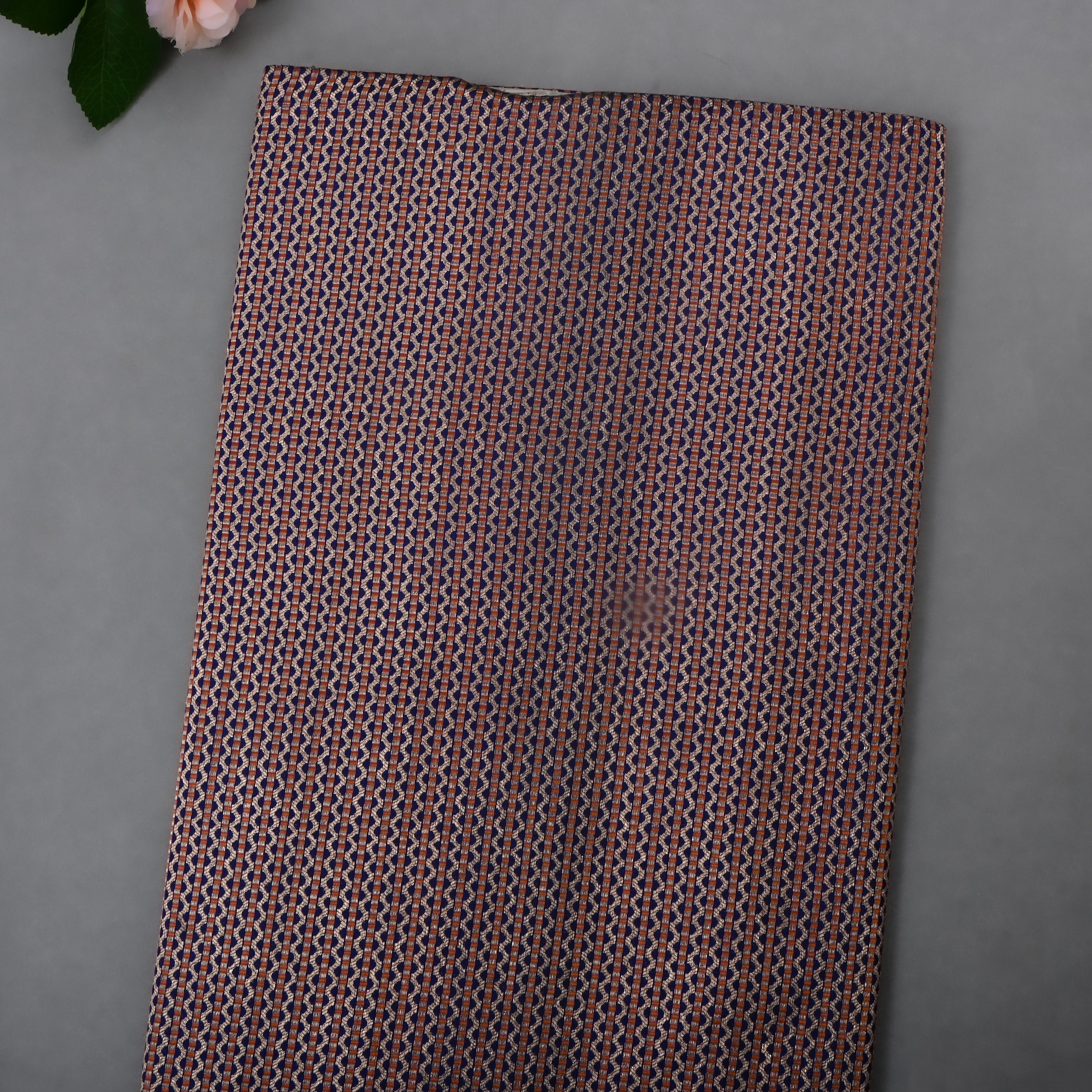 Dark Navy Blue Jamawar Silk Fabric With Stripes