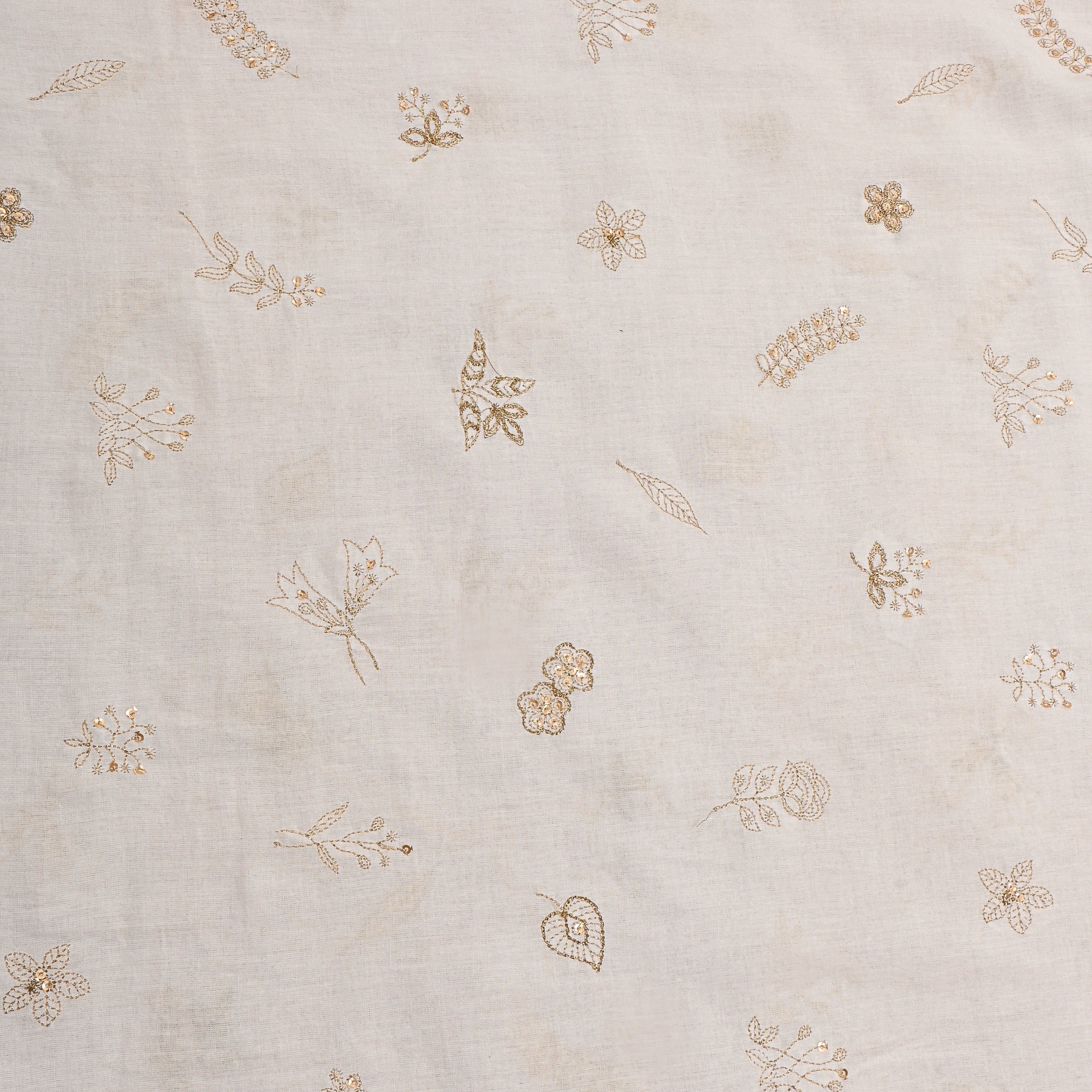 White Gold Floral Embroidered Cotton Fabric