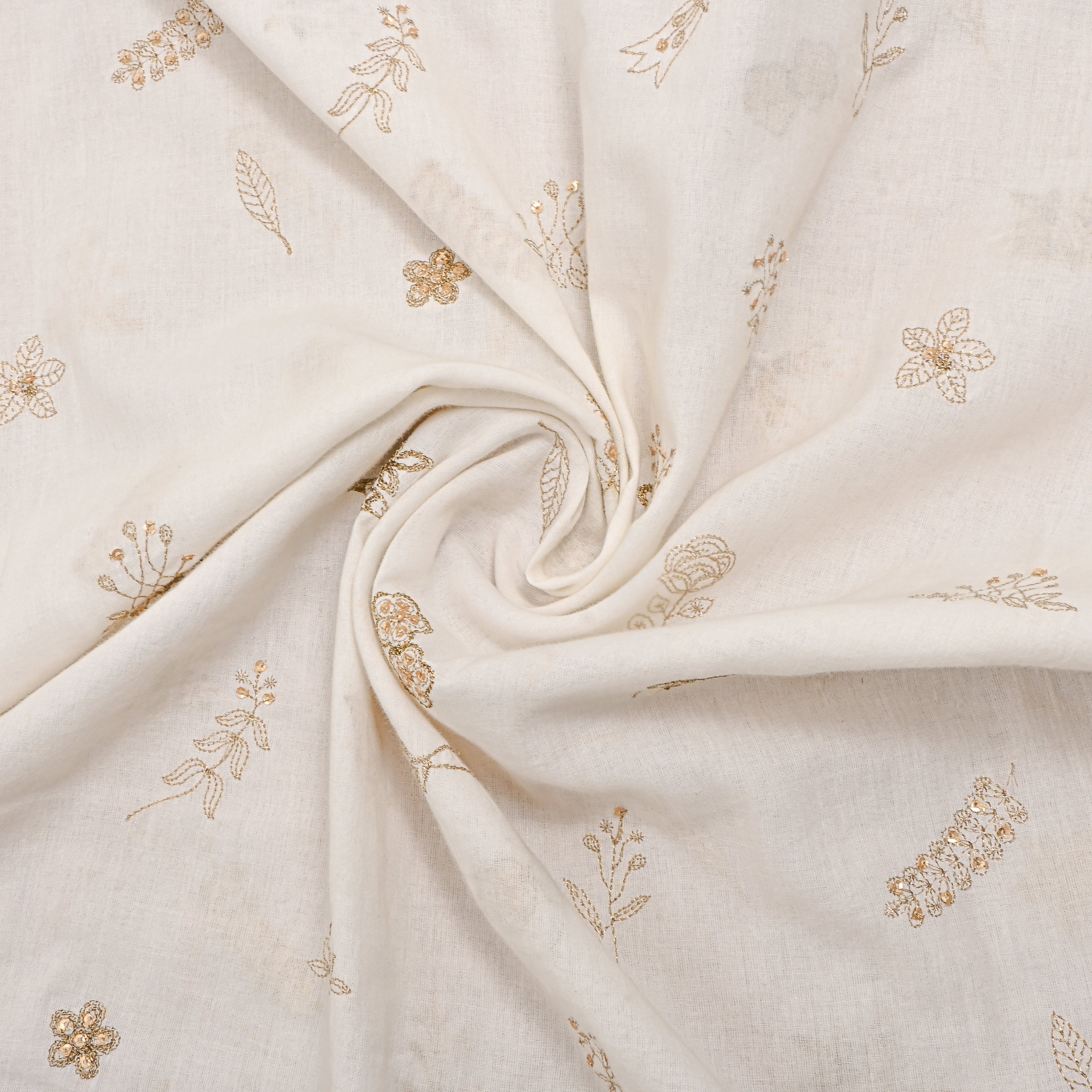 White Gold Floral Embroidered Cotton Fabric