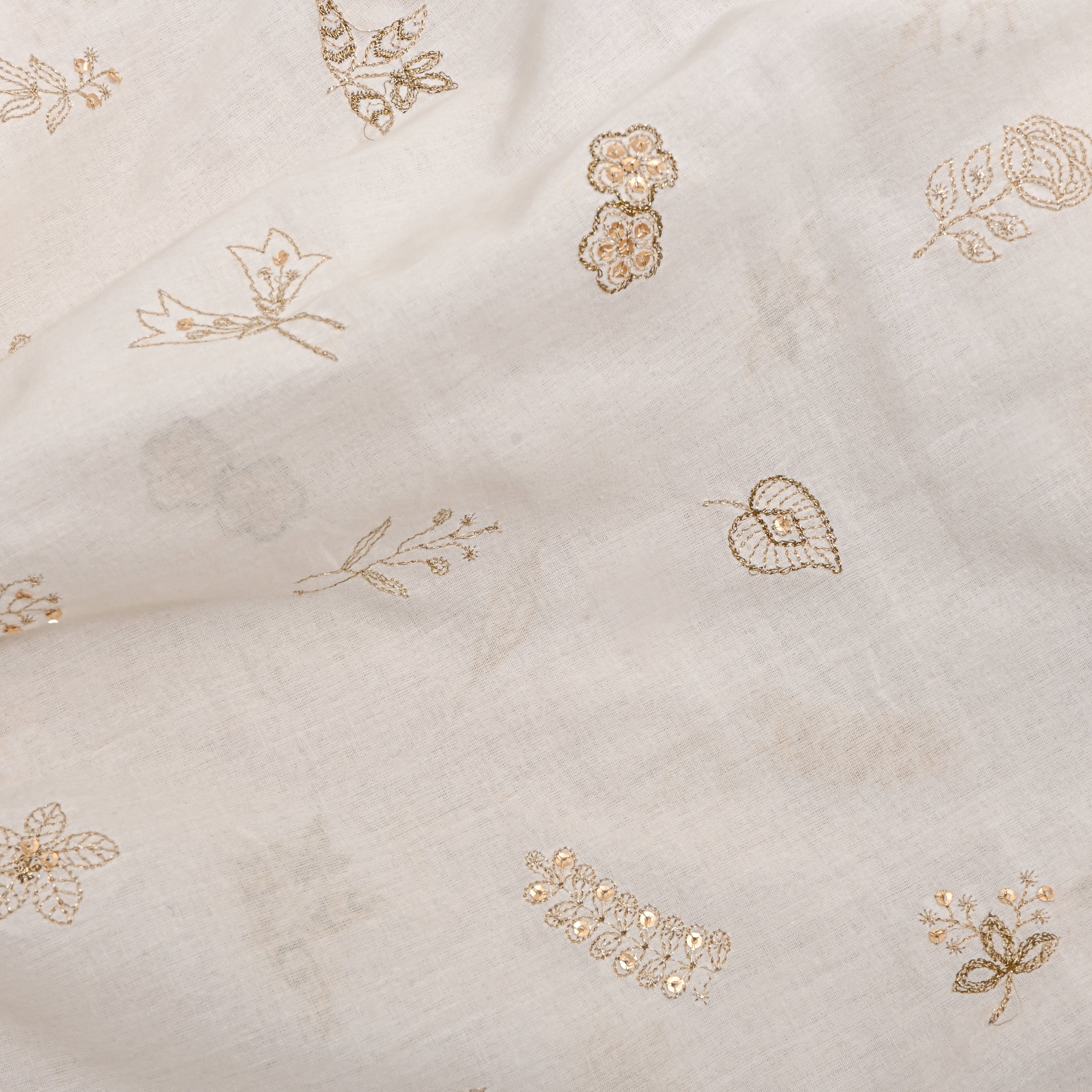 White Gold Floral Embroidered Cotton Fabric