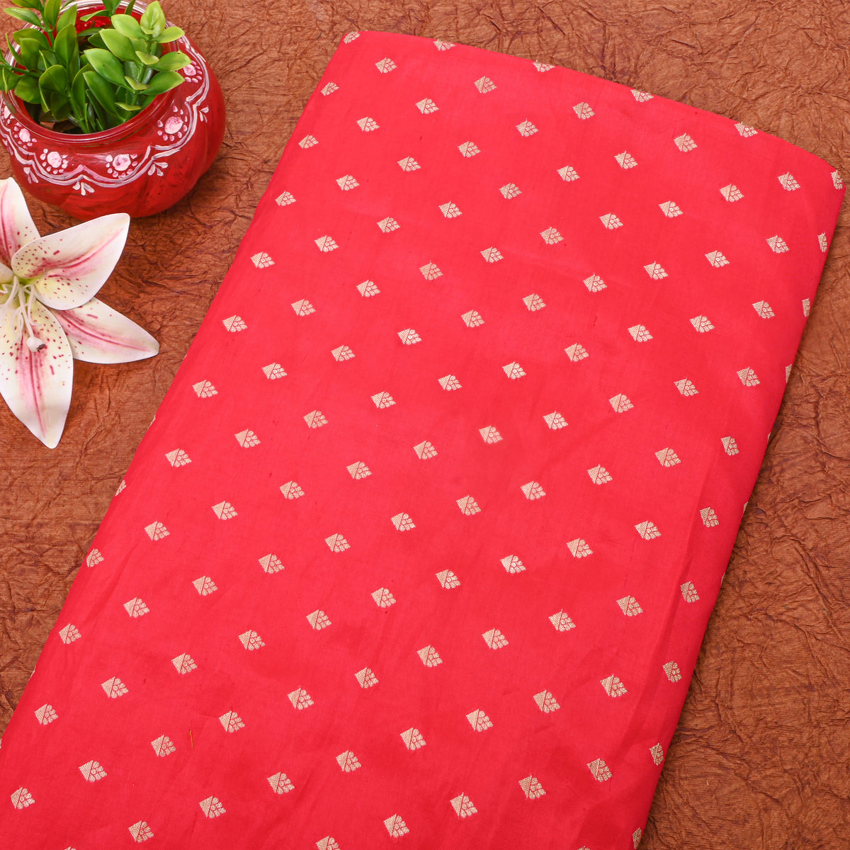 Cold Red Gold Zari Diamond Butti Banarasi Silk Fabric