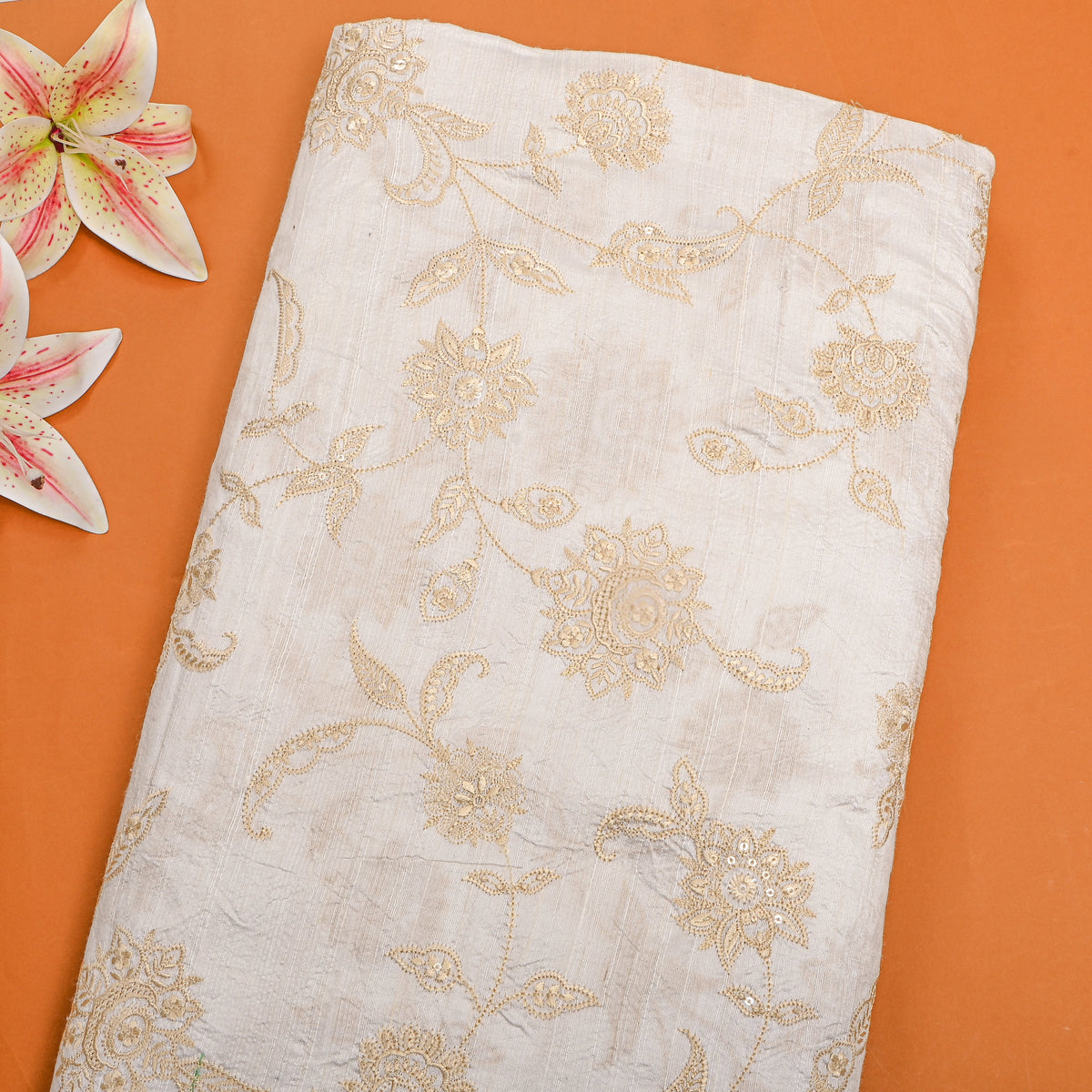 White Floral Thread Work Embroidery Raw Silk Fabric