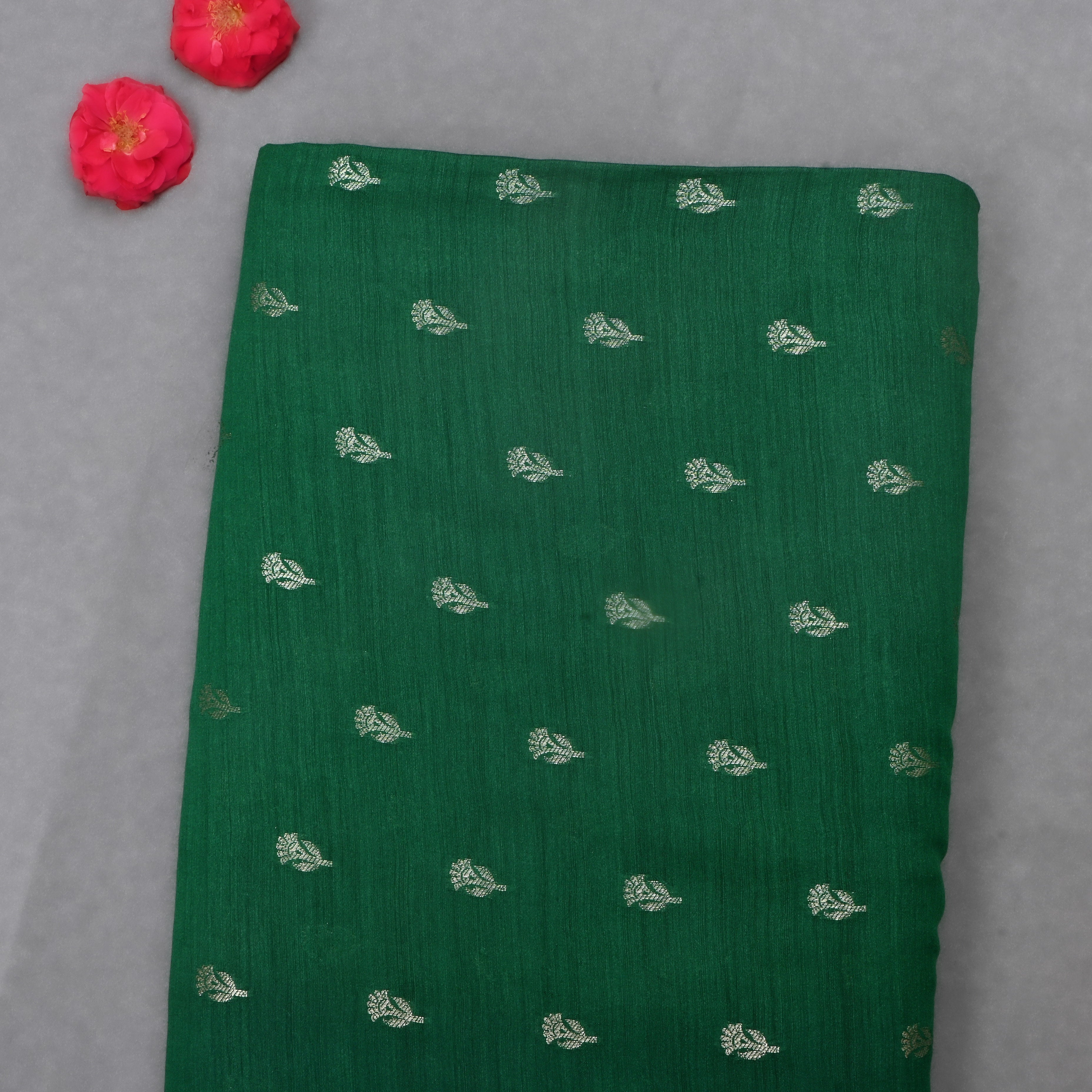 Everglade Green Jamawar Moonga Fabric With Floral Butti'S