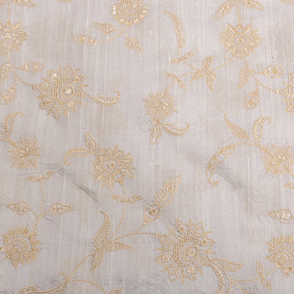 White Floral Thread Work Embroidery Raw Silk Fabric