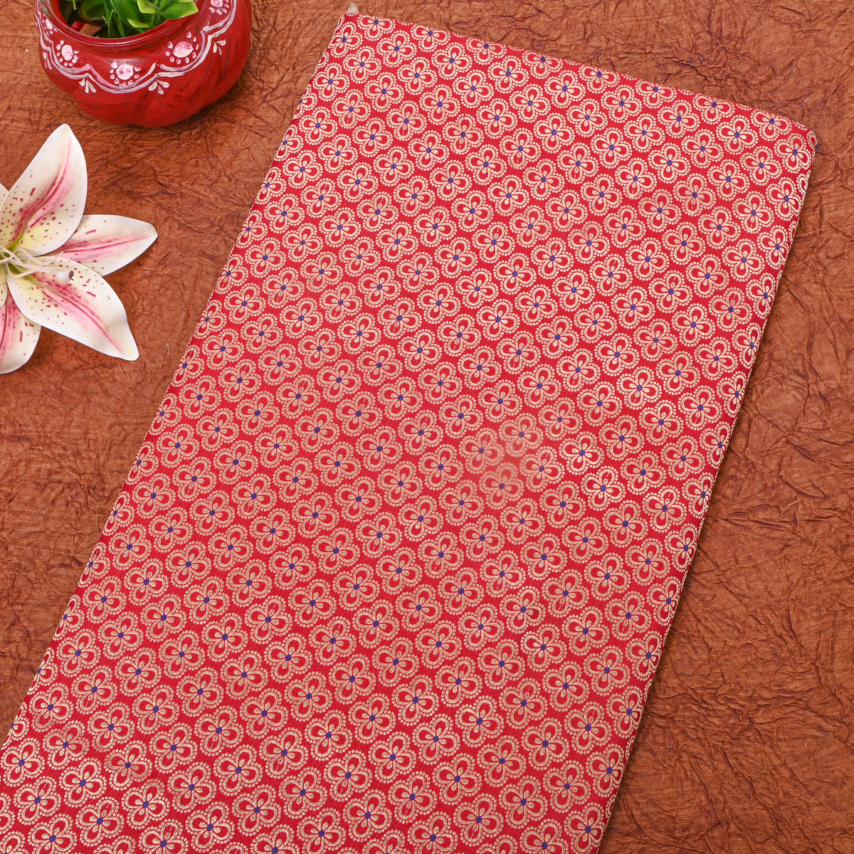 Orange Floral Jamawar Silk Fabric