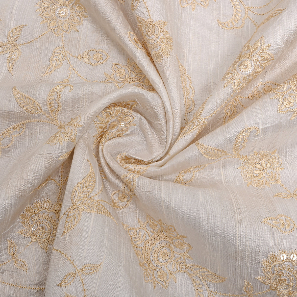 White Floral Thread Work Embroidery Raw Silk Fabric