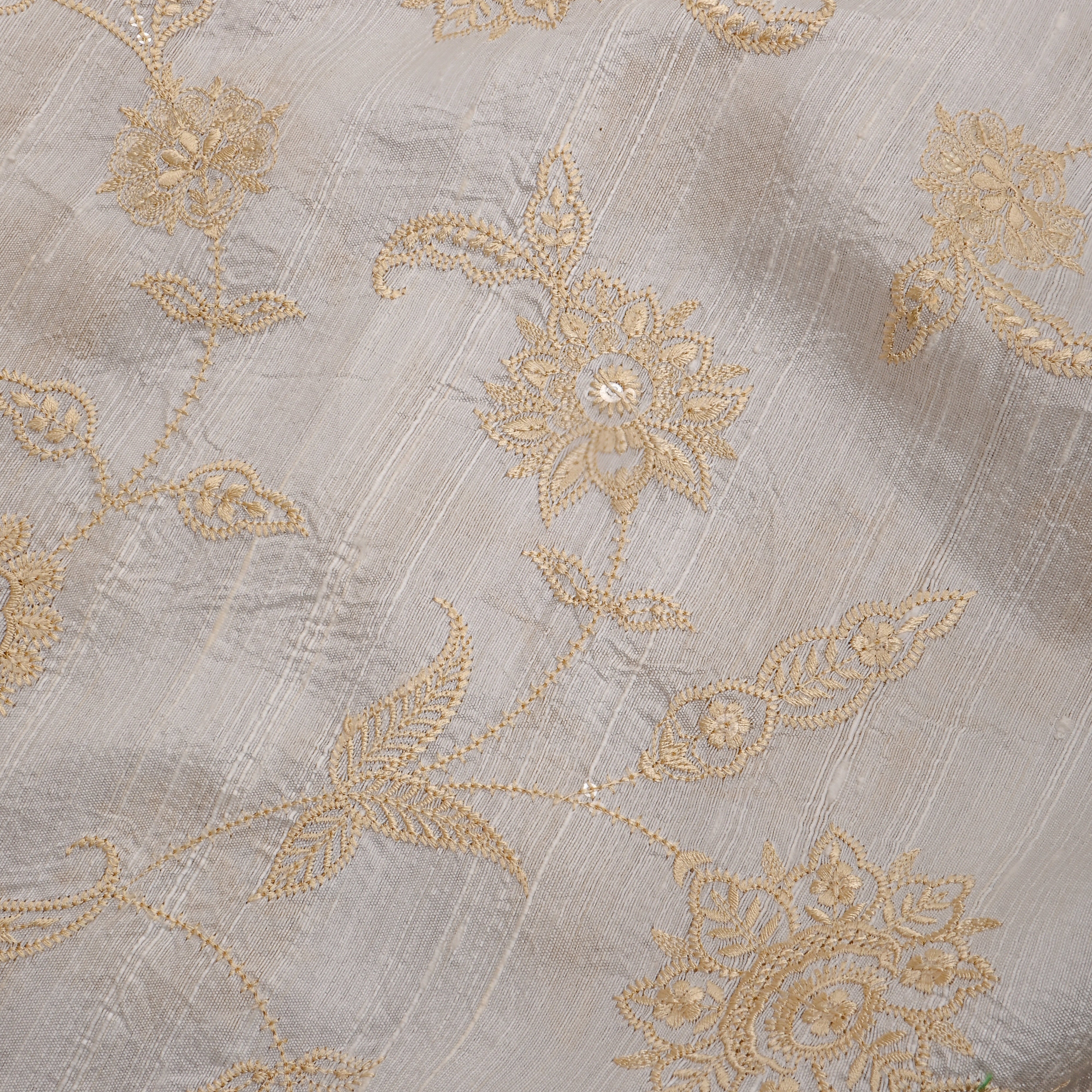 White Floral Thread Work Embroidery Raw Silk Fabric