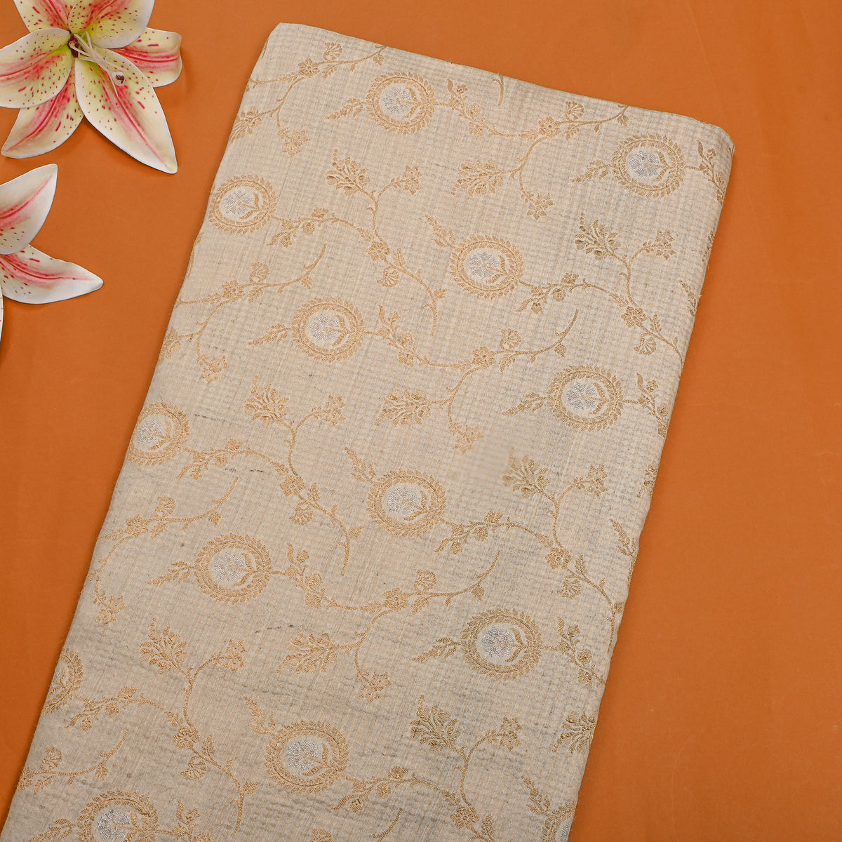 Neutral White With Gold Zari Jaal Jamawar Silk Fabric