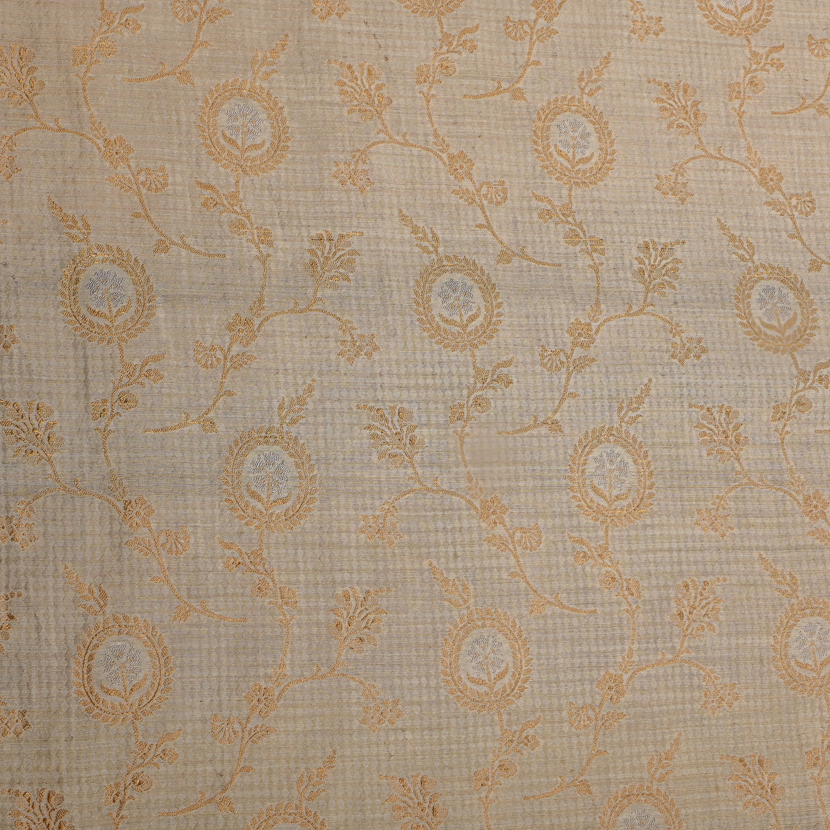 Neutral White With Gold Zari Jaal Jamawar Silk Fabric