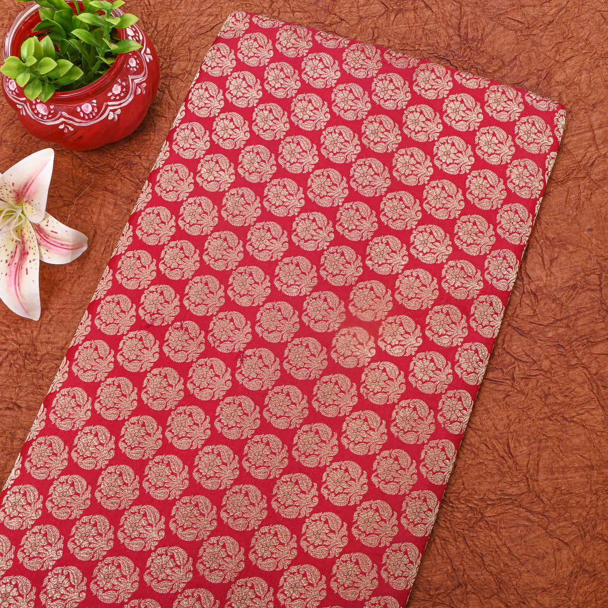 Crimson Red Jamawar Silk Fabric With Gold Zari Floral Butti
