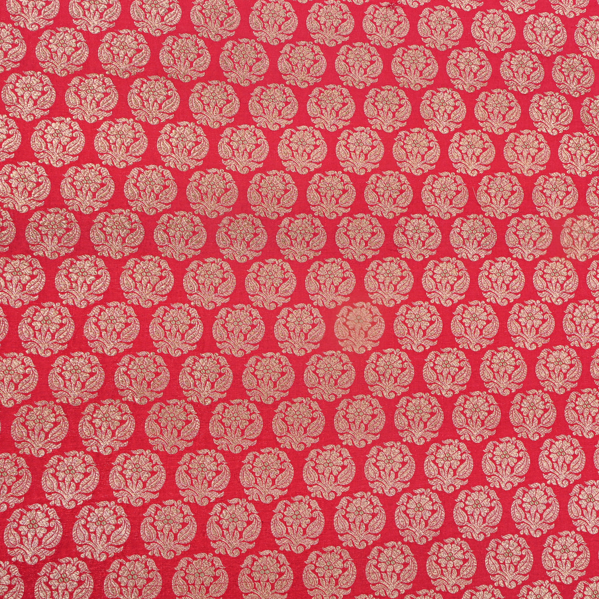Crimson Red Jamawar Silk Fabric With Gold Zari Floral Butti