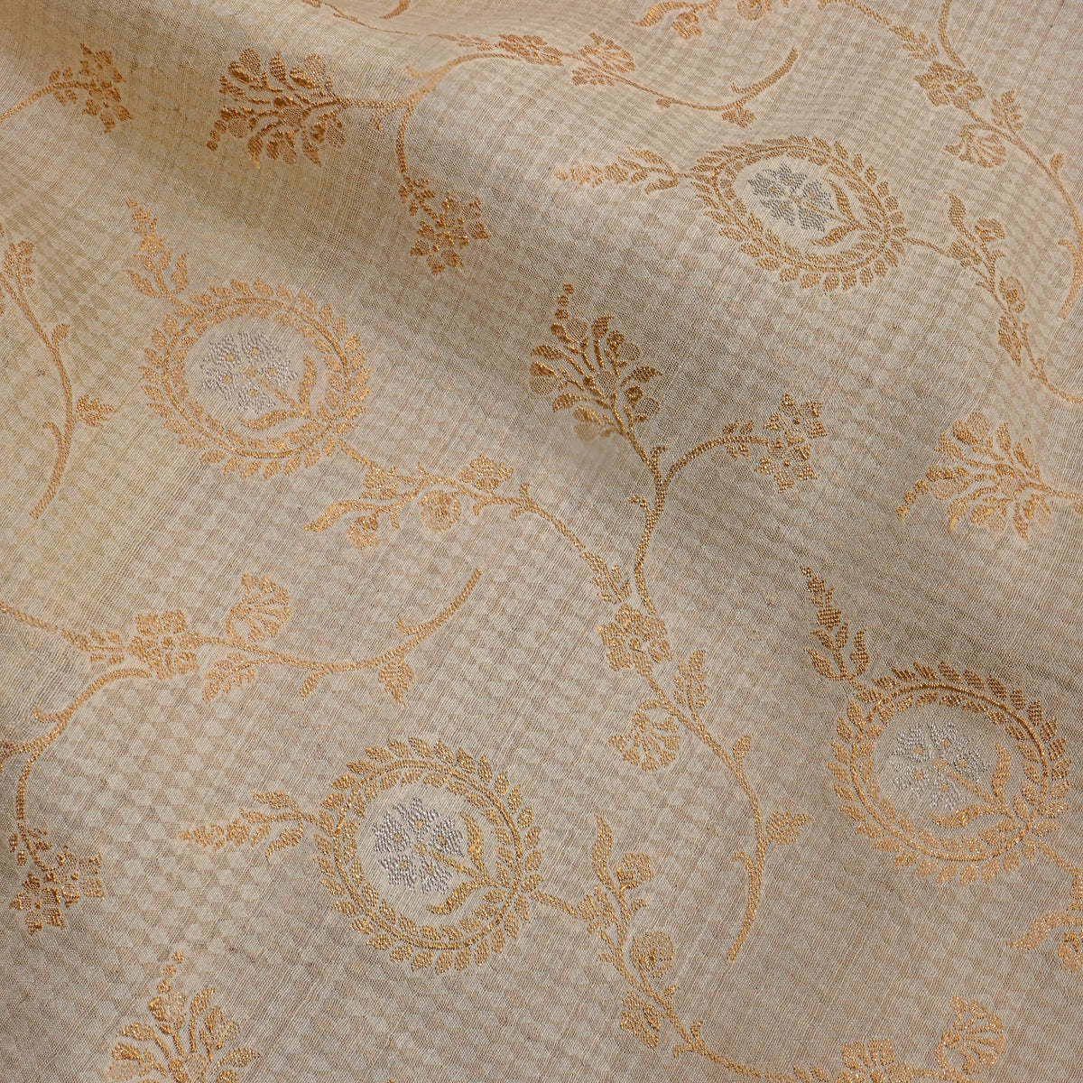 Neutral White With Gold Zari Jaal Jamawar Silk Fabric
