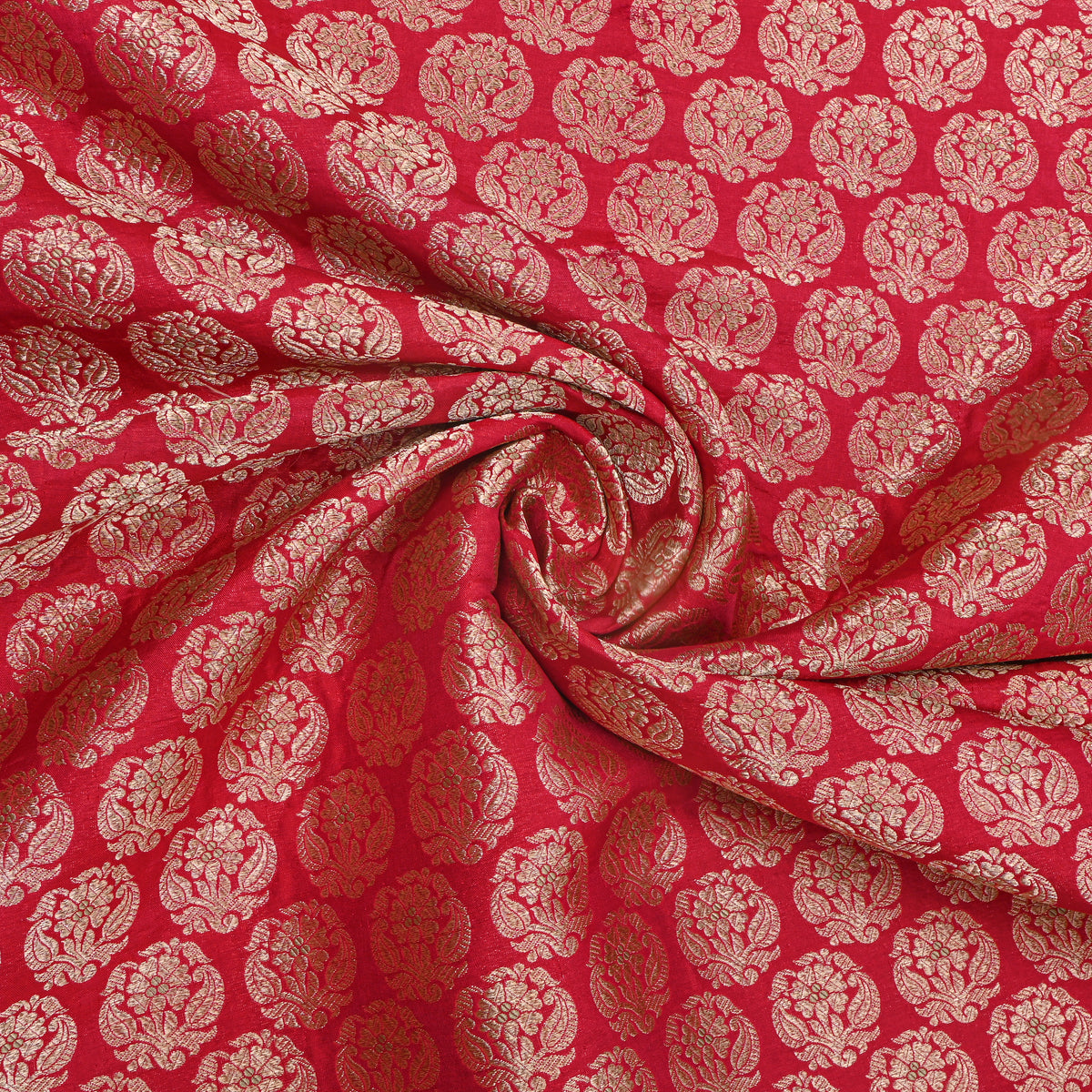 Crimson Red Jamawar Silk Fabric With Gold Zari Floral Butti
