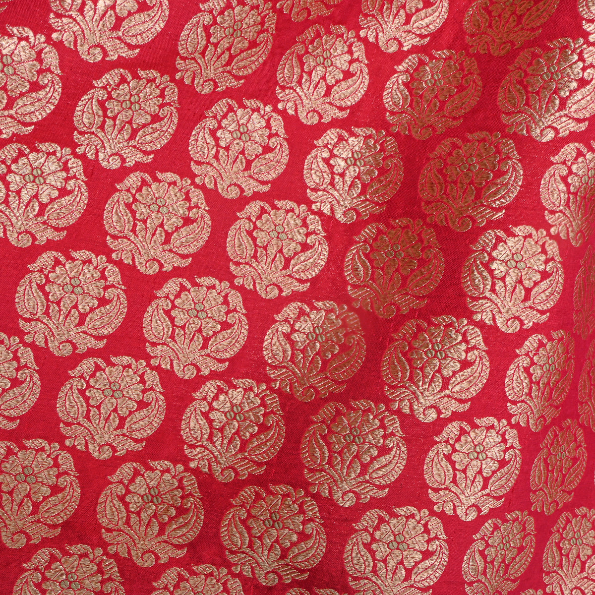 Crimson Red Jamawar Silk Fabric With Gold Zari Floral Butti