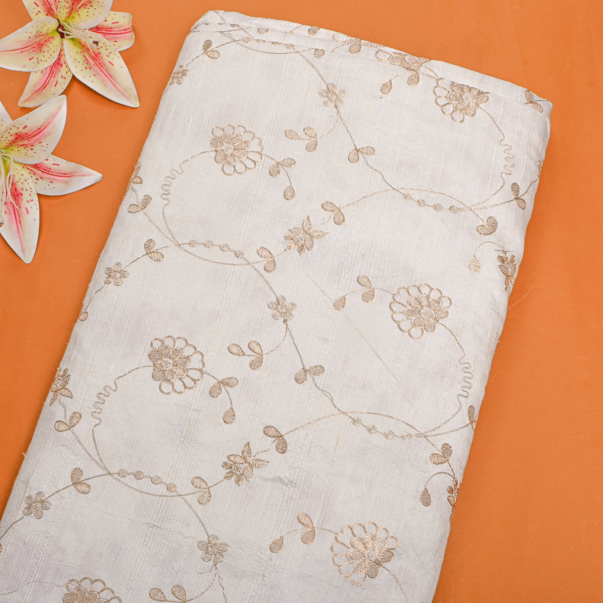 White Floral Jaal Raw Silk Fabric