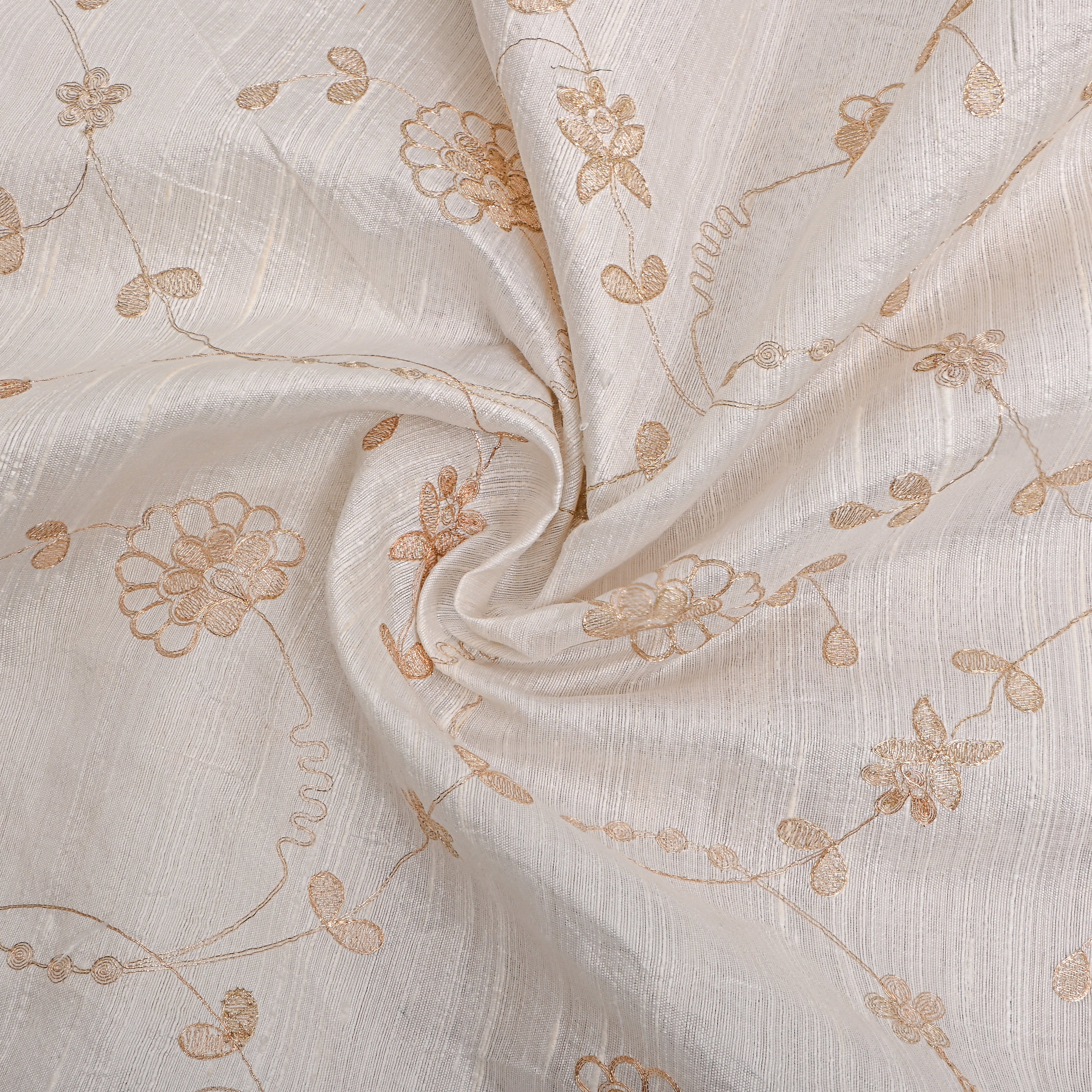 White Floral Jaal Raw Silk Fabric