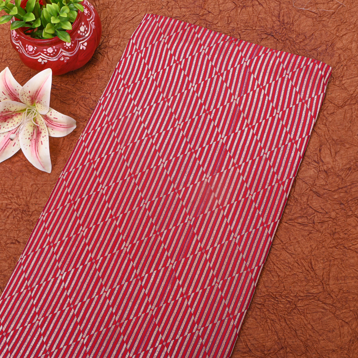 Red Checks Illusion Stripes Jamawar Silk Fabric