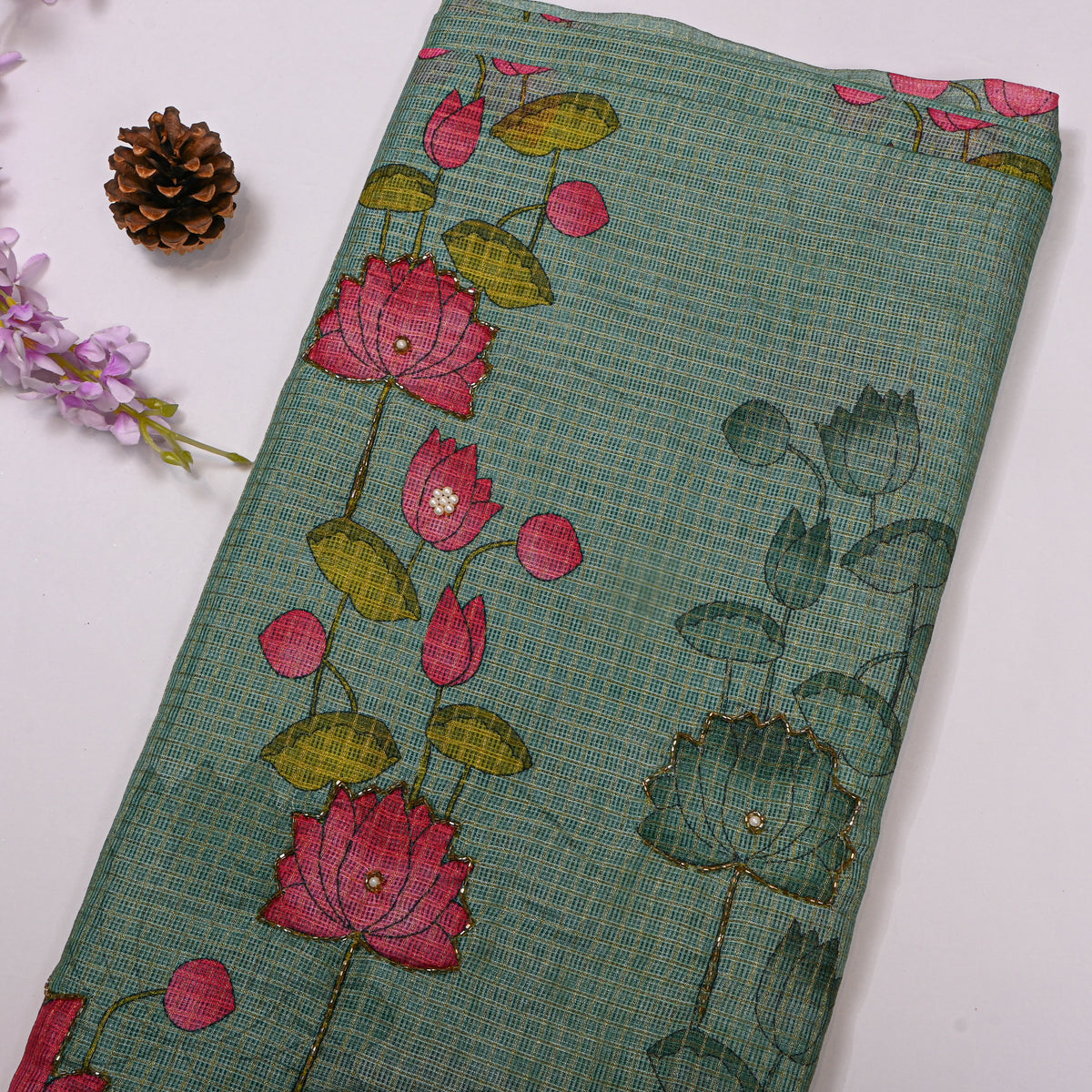 Teal Lotus Print Embroidered Kota Doria Fabric