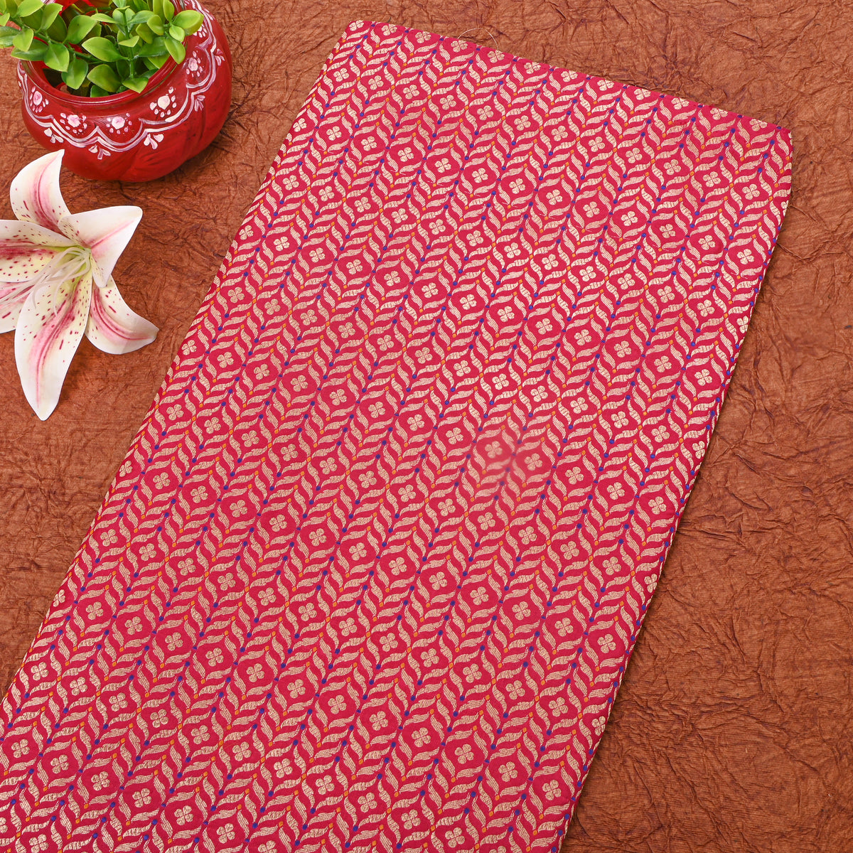 Red Gold Zari Geometric Floral Jamawar Silk Fabric