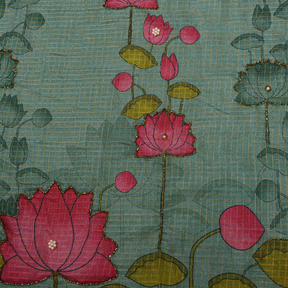 Teal Lotus Print Embroidered Kota Doria Fabric