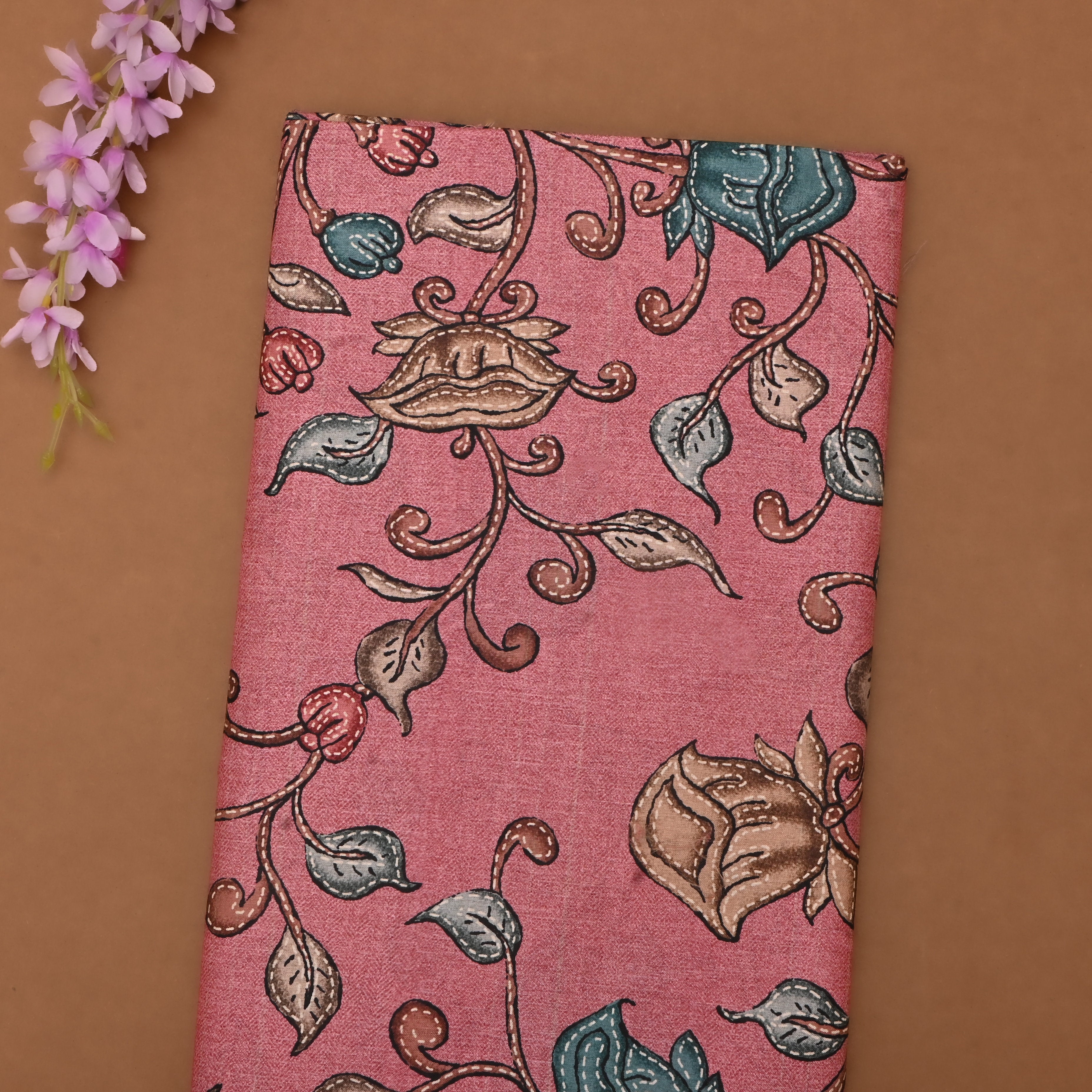 Rose Quartz Pink Tussar Fabric With Printed Design