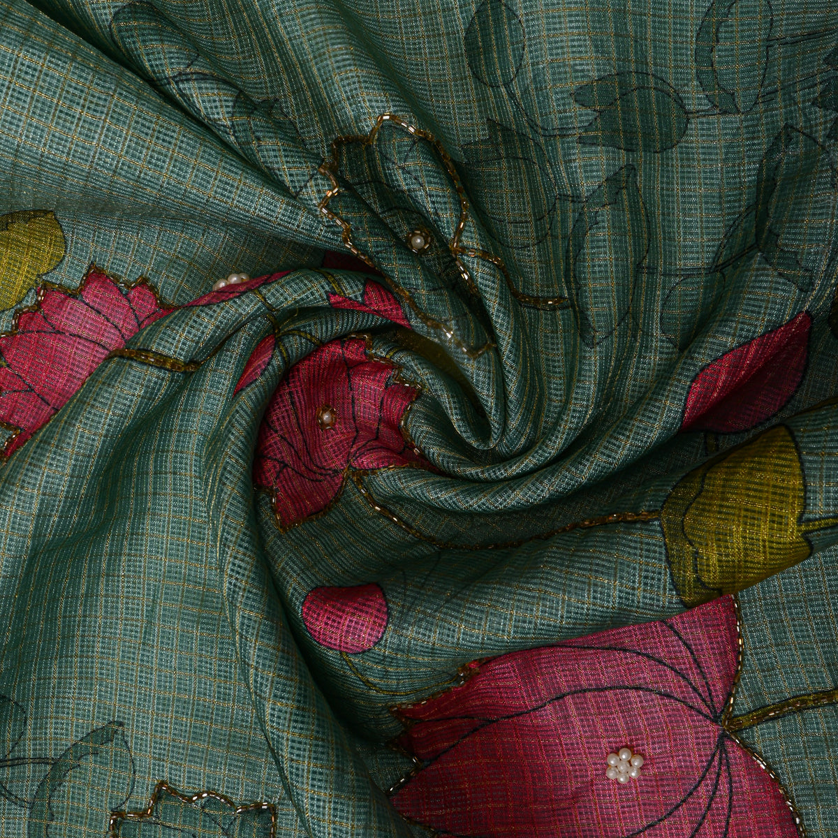 Teal Lotus Print Embroidered Kota Doria Fabric