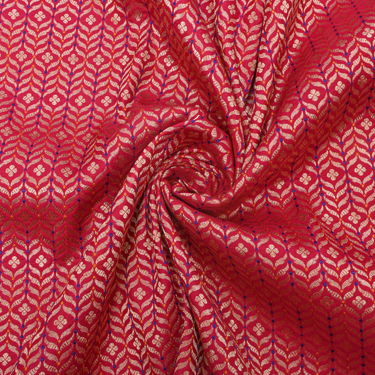 Red Gold Zari Geometric Floral Jamawar Silk Fabric