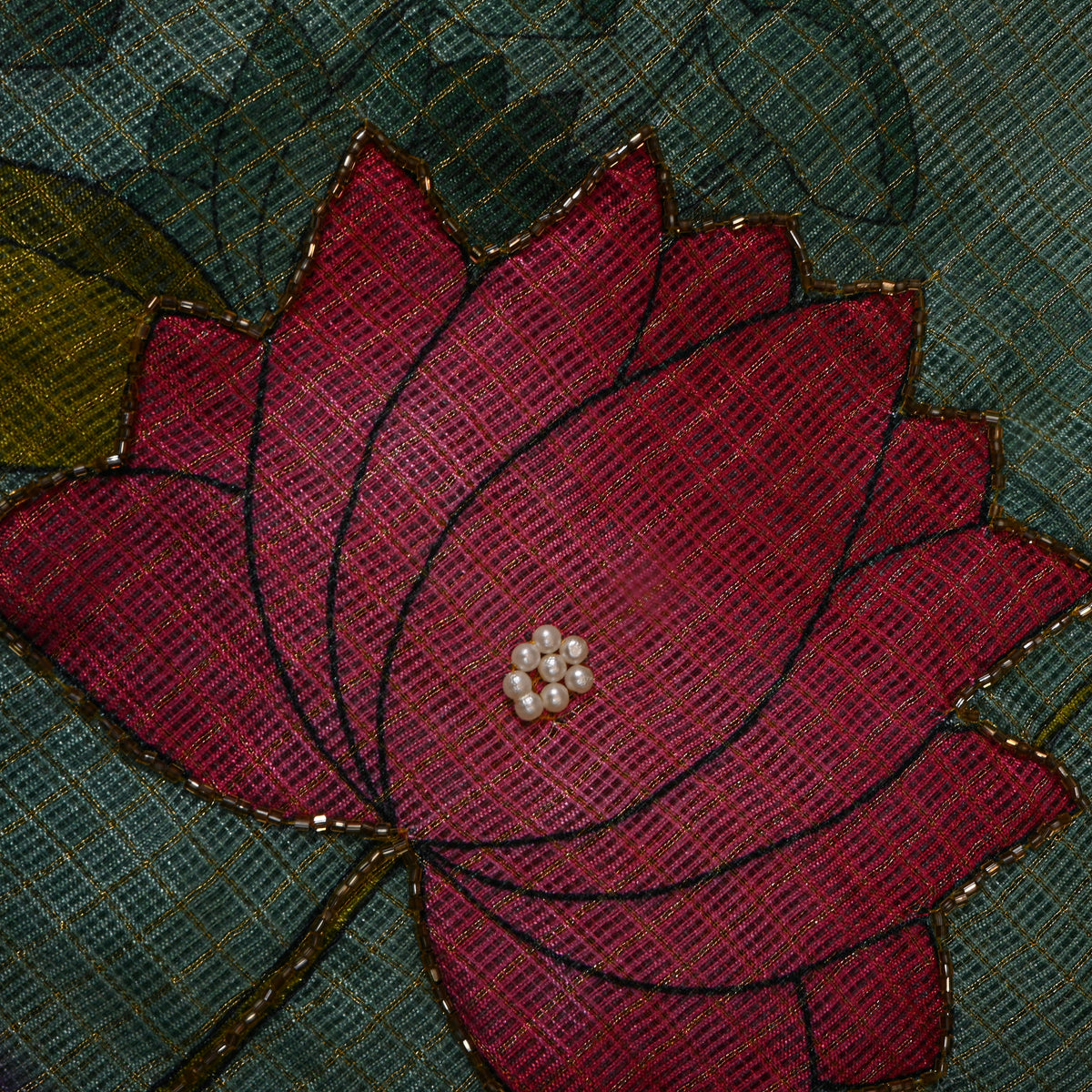 Teal Lotus Print Embroidered Kota Doria Fabric