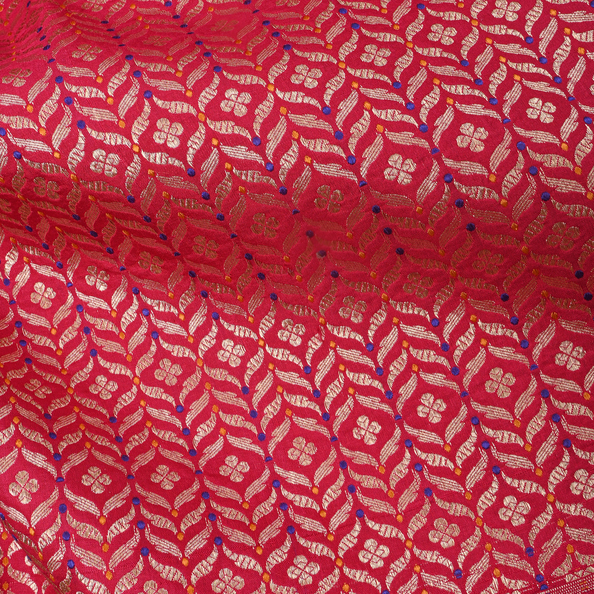 Red Gold Zari Geometric Floral Jamawar Silk Fabric