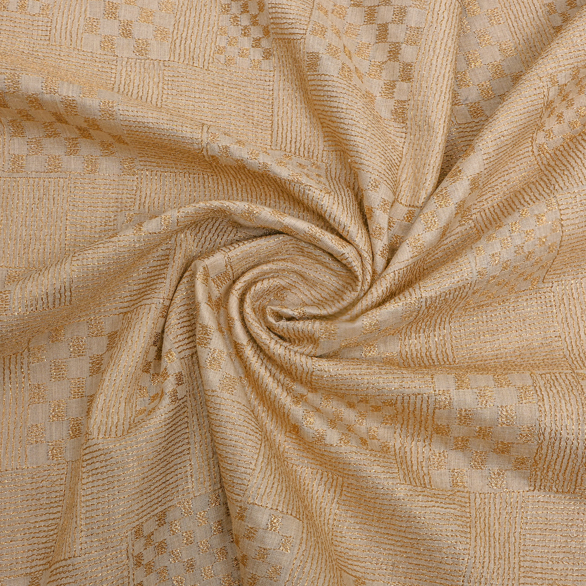 Toffee Gold Zari Geometric Embroidery Tussar Silk Fabric