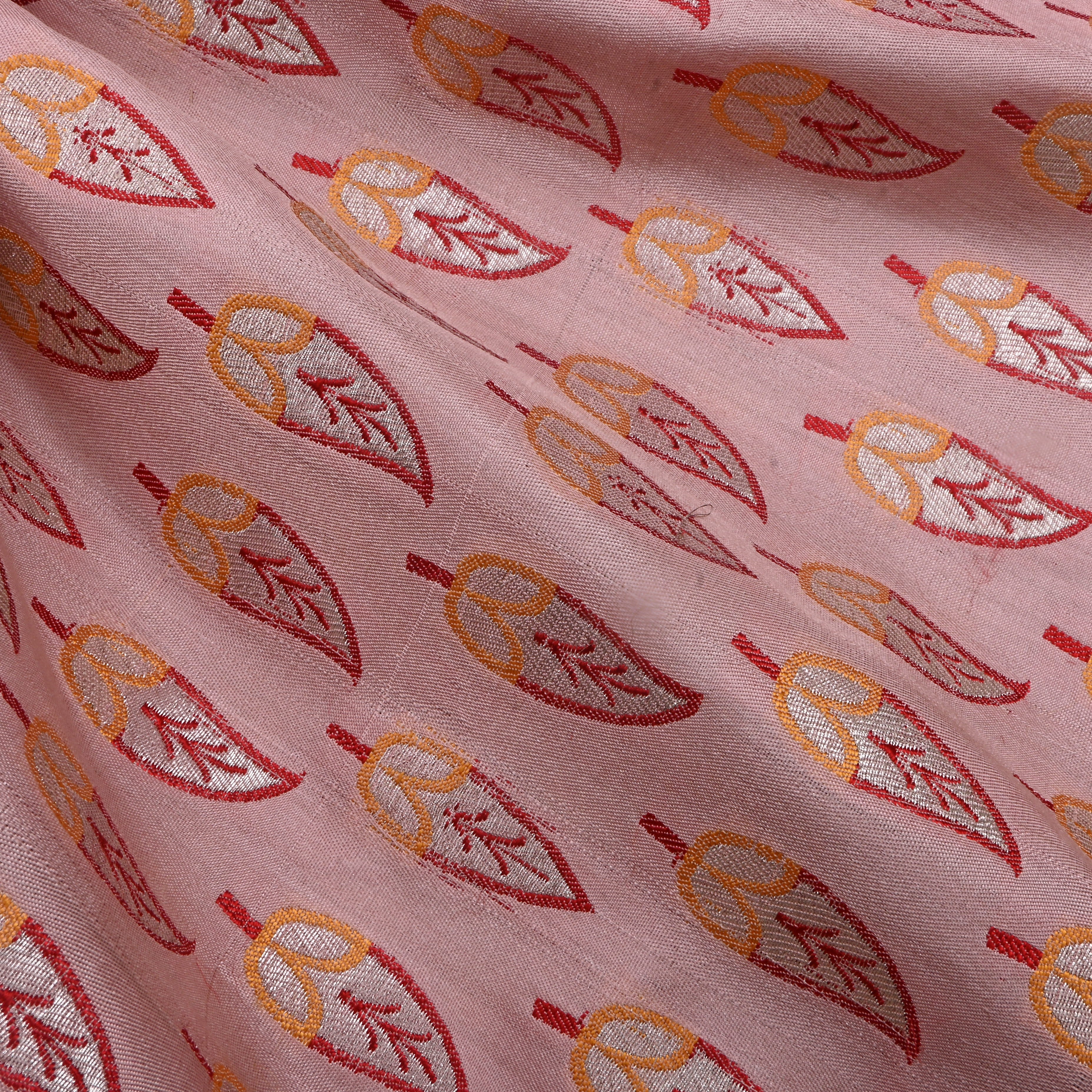 Pastel Pink Jamawar Silk Fabric With Emboidery