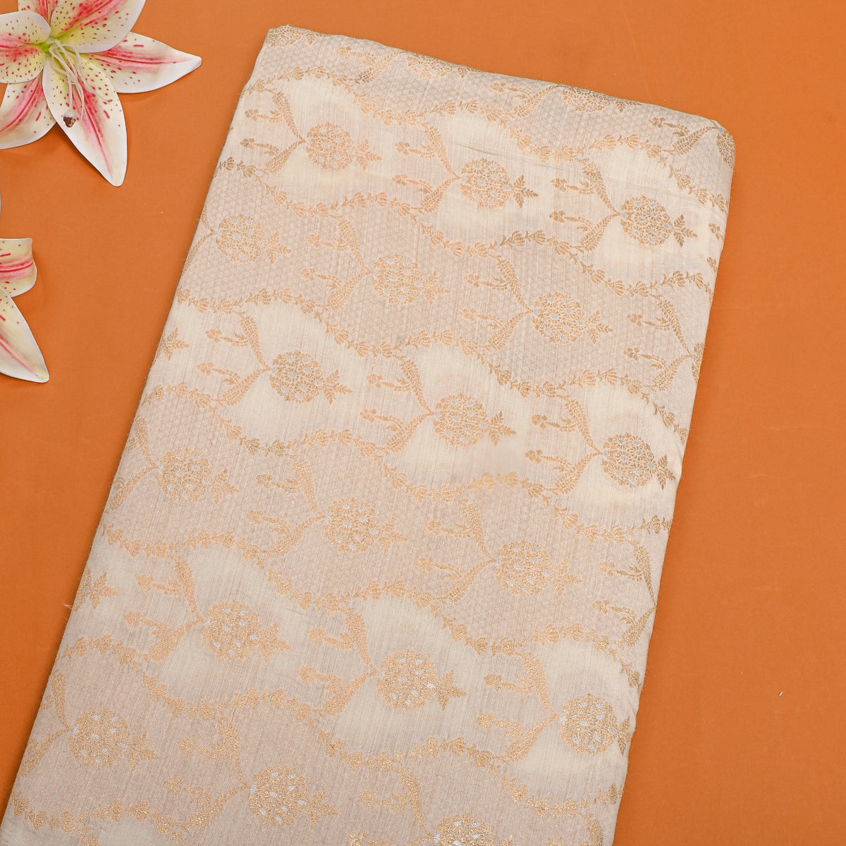 Ivory Gold Geometric Weave Jamawar Silk Fabric