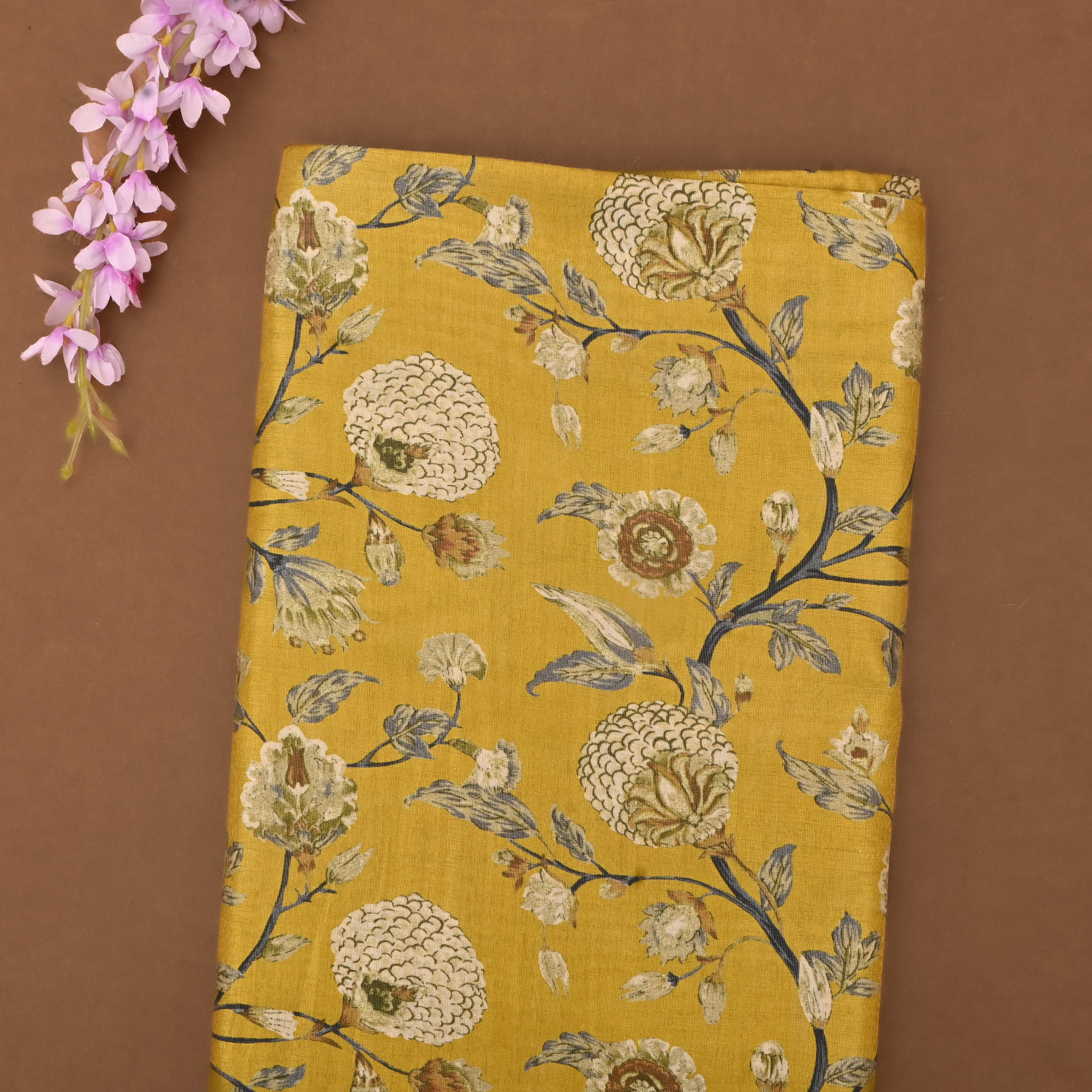 Yellow Tissue Fabric With Floral Prints