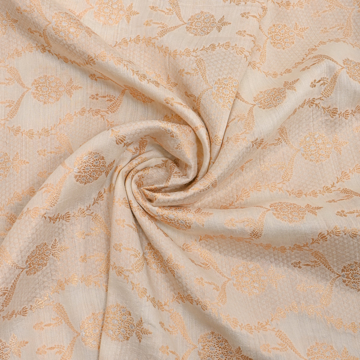 Ivory Gold Geometric Weave Jamawar Silk Fabric