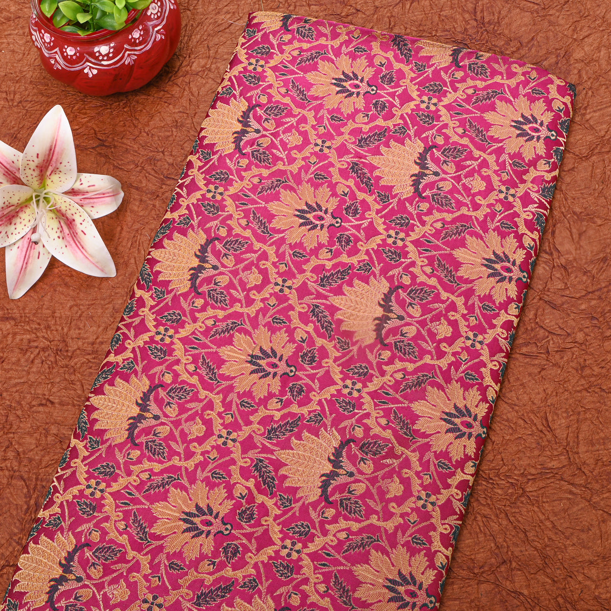 Hot Pink Menakari Brocade Jamawar Silk Fabric