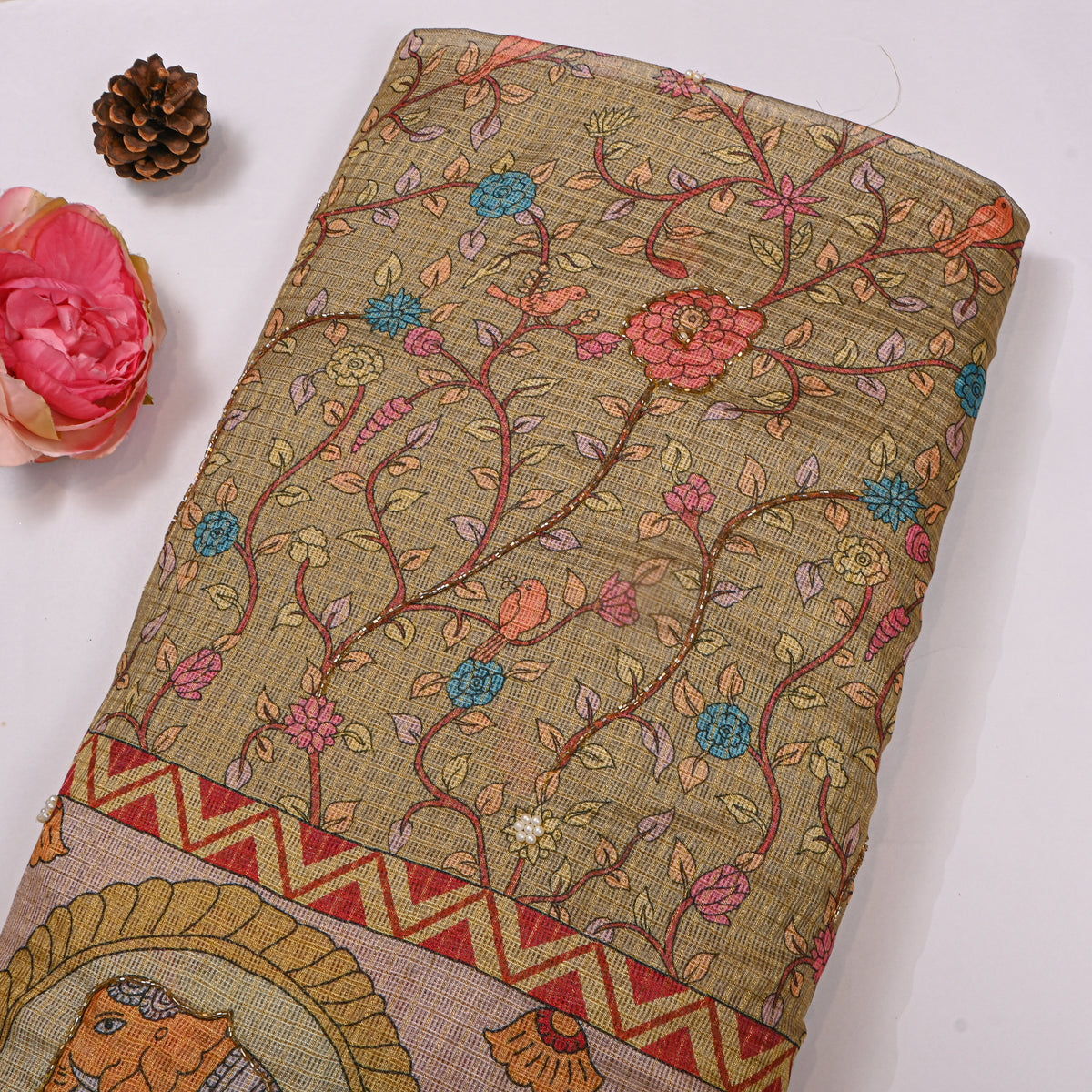 Khaki Elephant Floral Print Embroidered Kota Doria Fabric