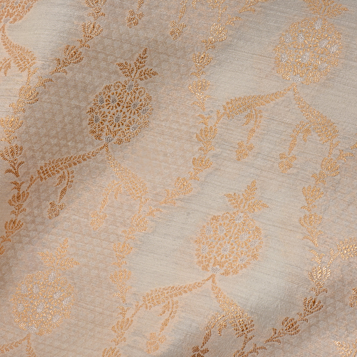 Ivory Gold Geometric Weave Jamawar Silk Fabric