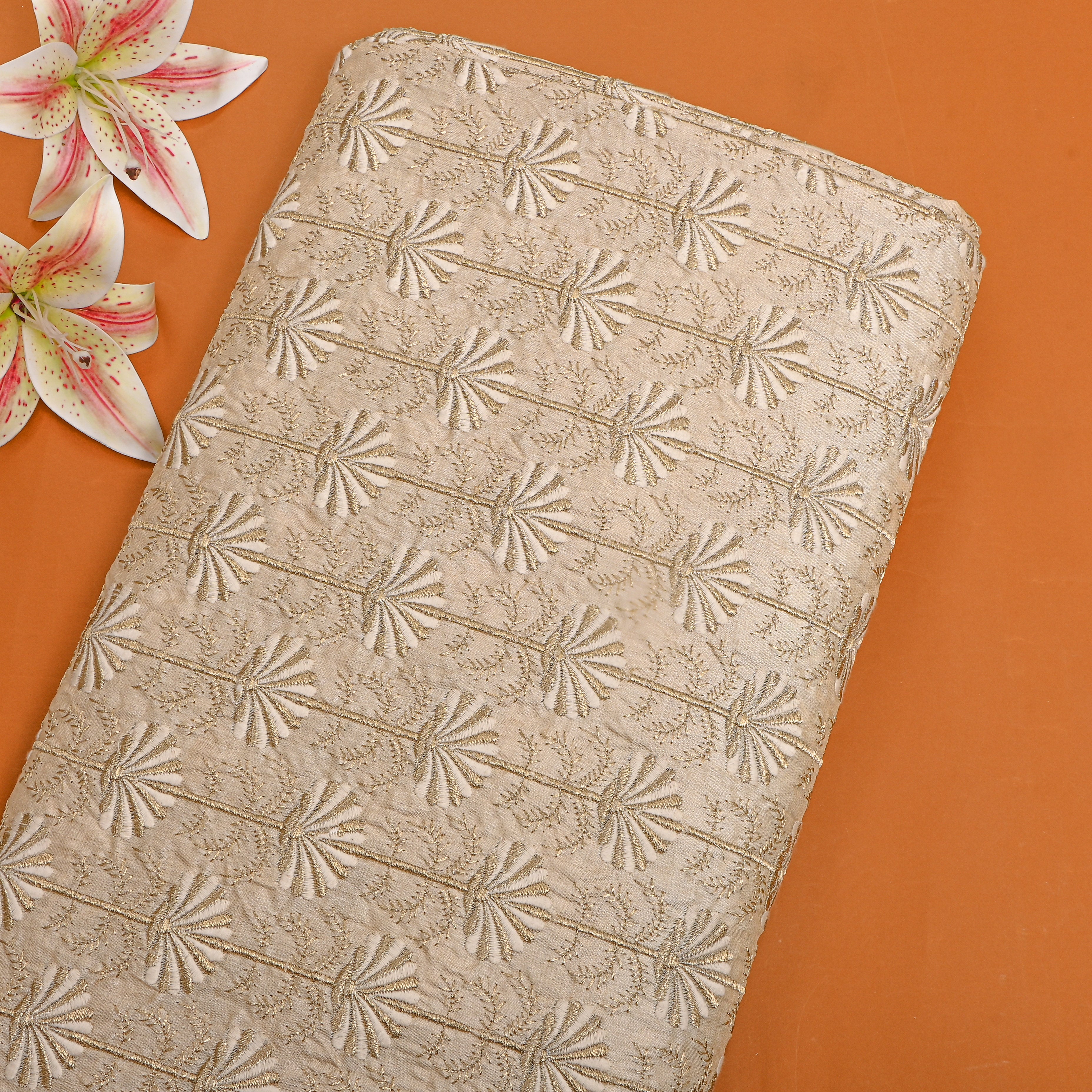 Beige All-Over Design Embroidery Tussar Fabric