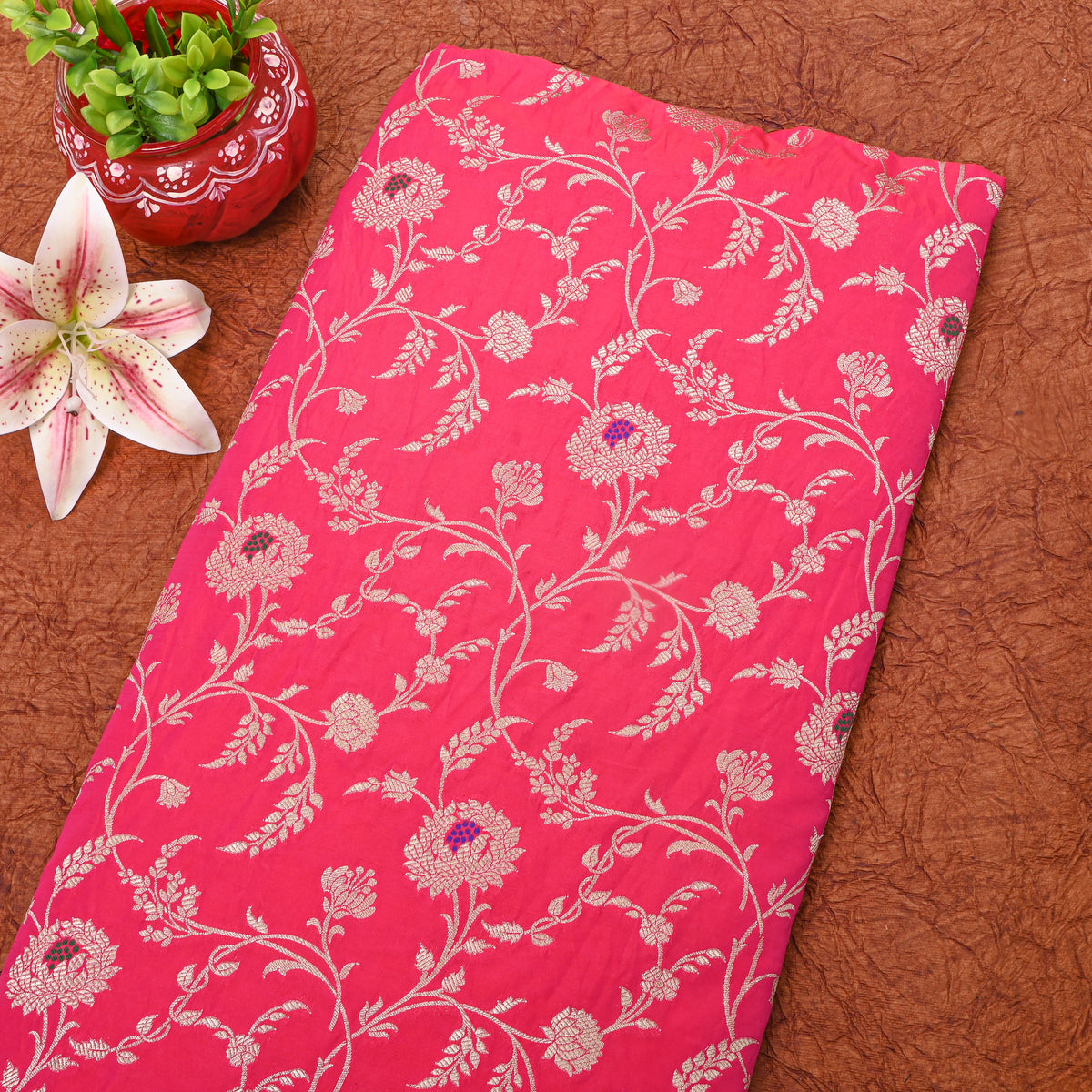 Pink Gold Zari Floral Jaal Banarasi Silk Fabric