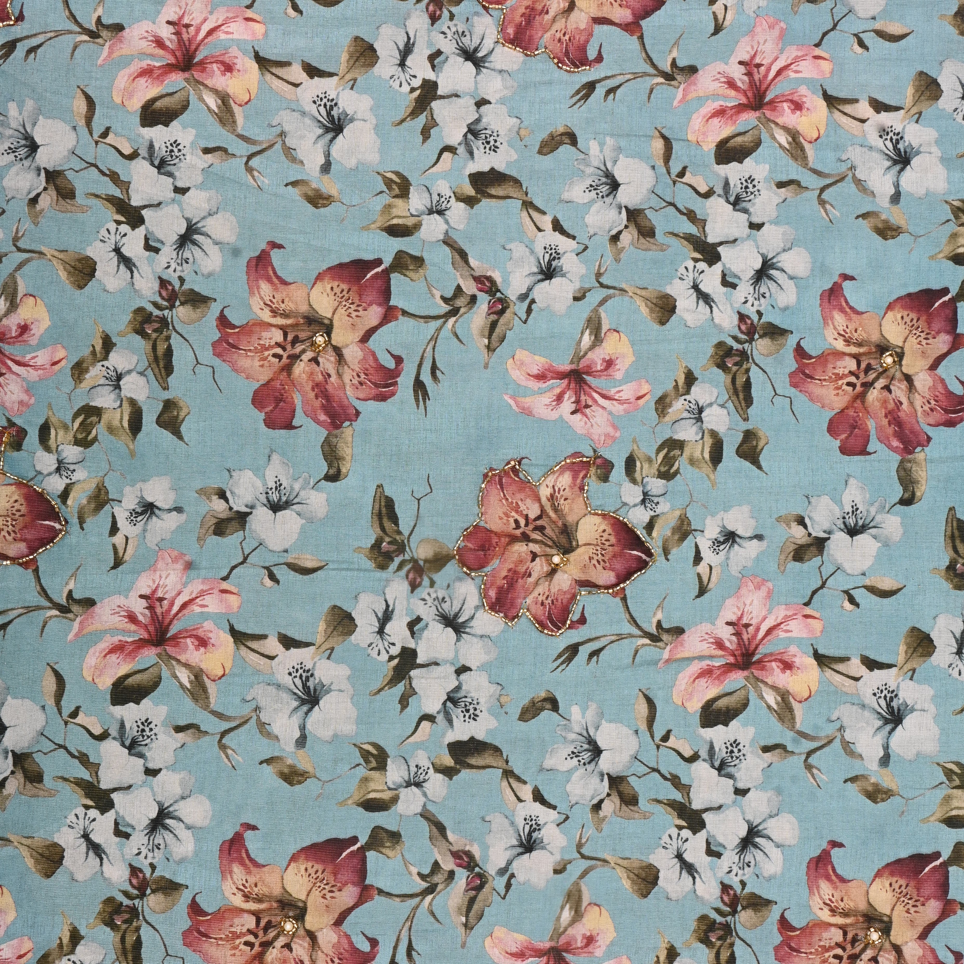 Sky Blue Tissue Fabric With Printed Designs