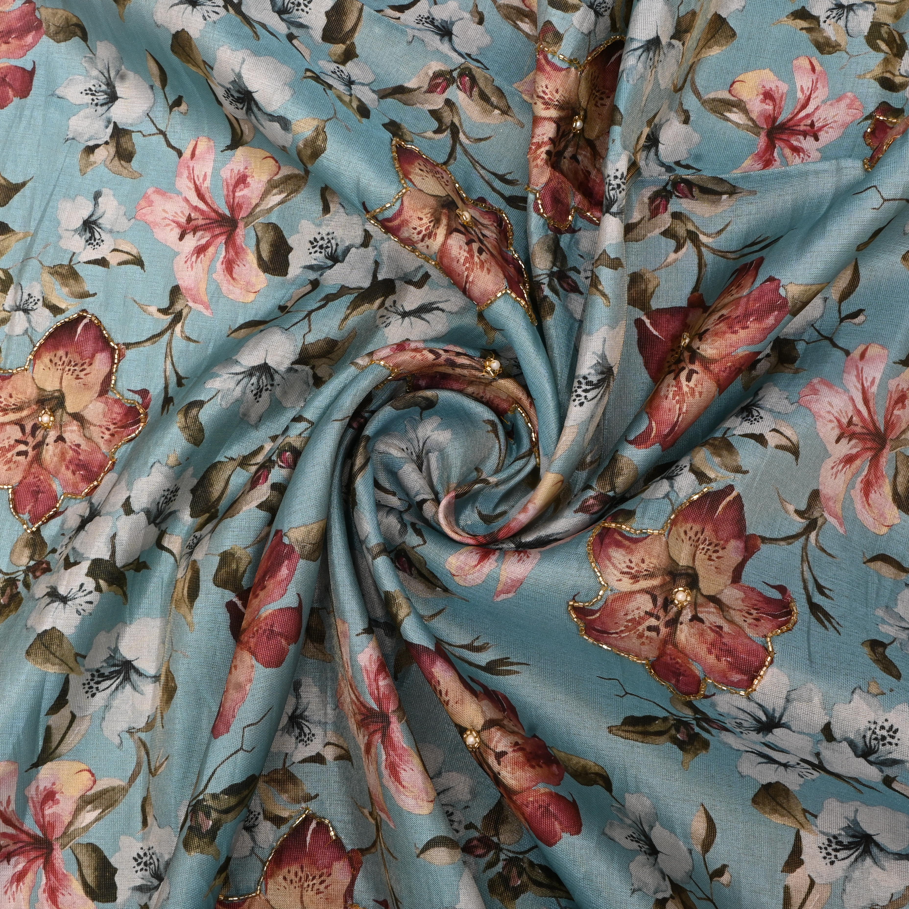 Sky Blue Tissue Fabric With Printed Designs