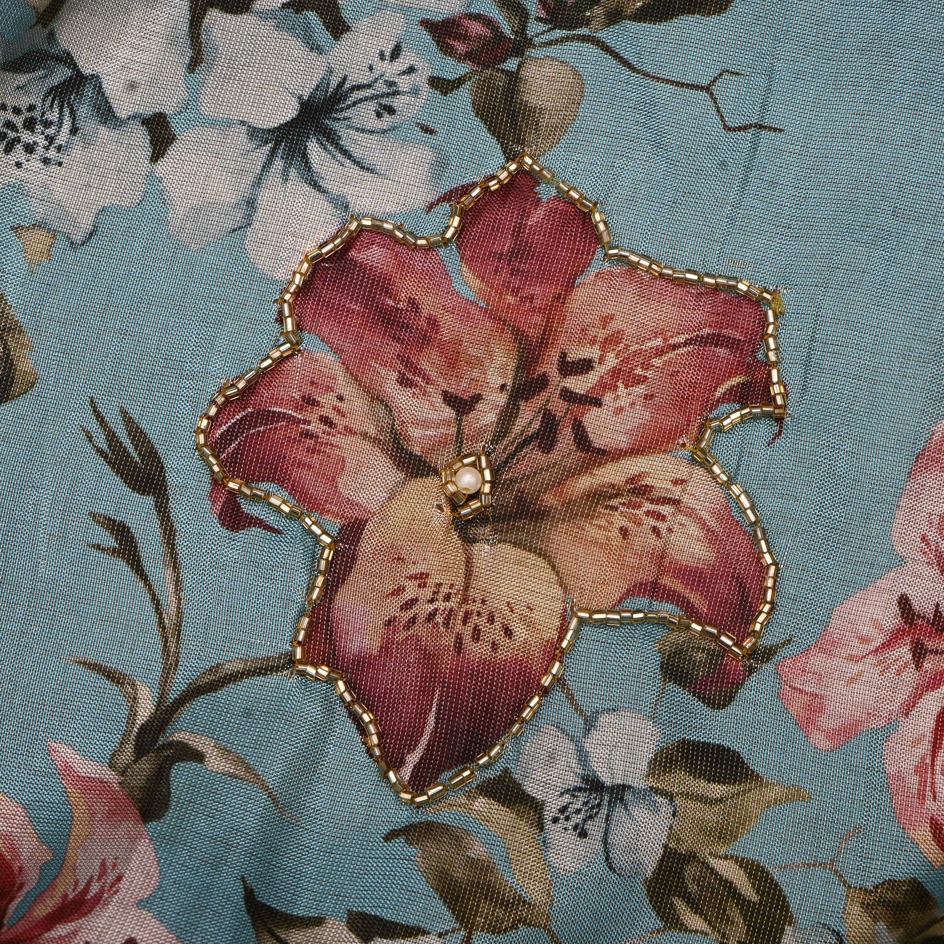 Sky Blue Tissue Fabric With Printed Designs